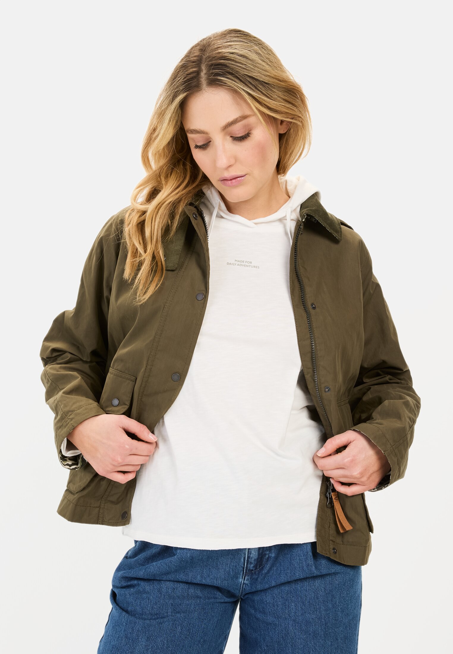 Women Blouson with corduroy collar Dark Khaki worn front