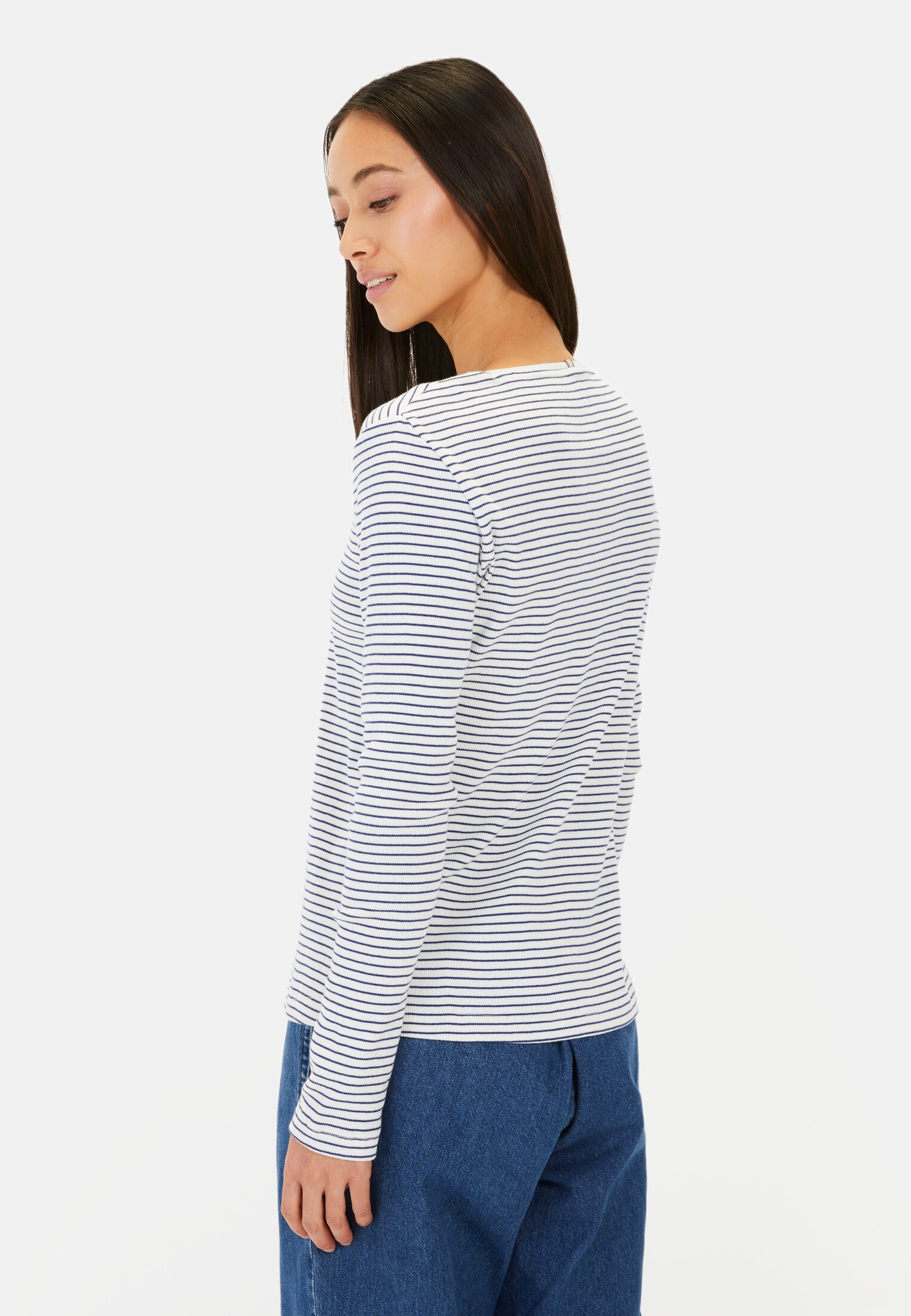 Women Long-sleeve shirt with a crew neck Indigo Stripes worn back