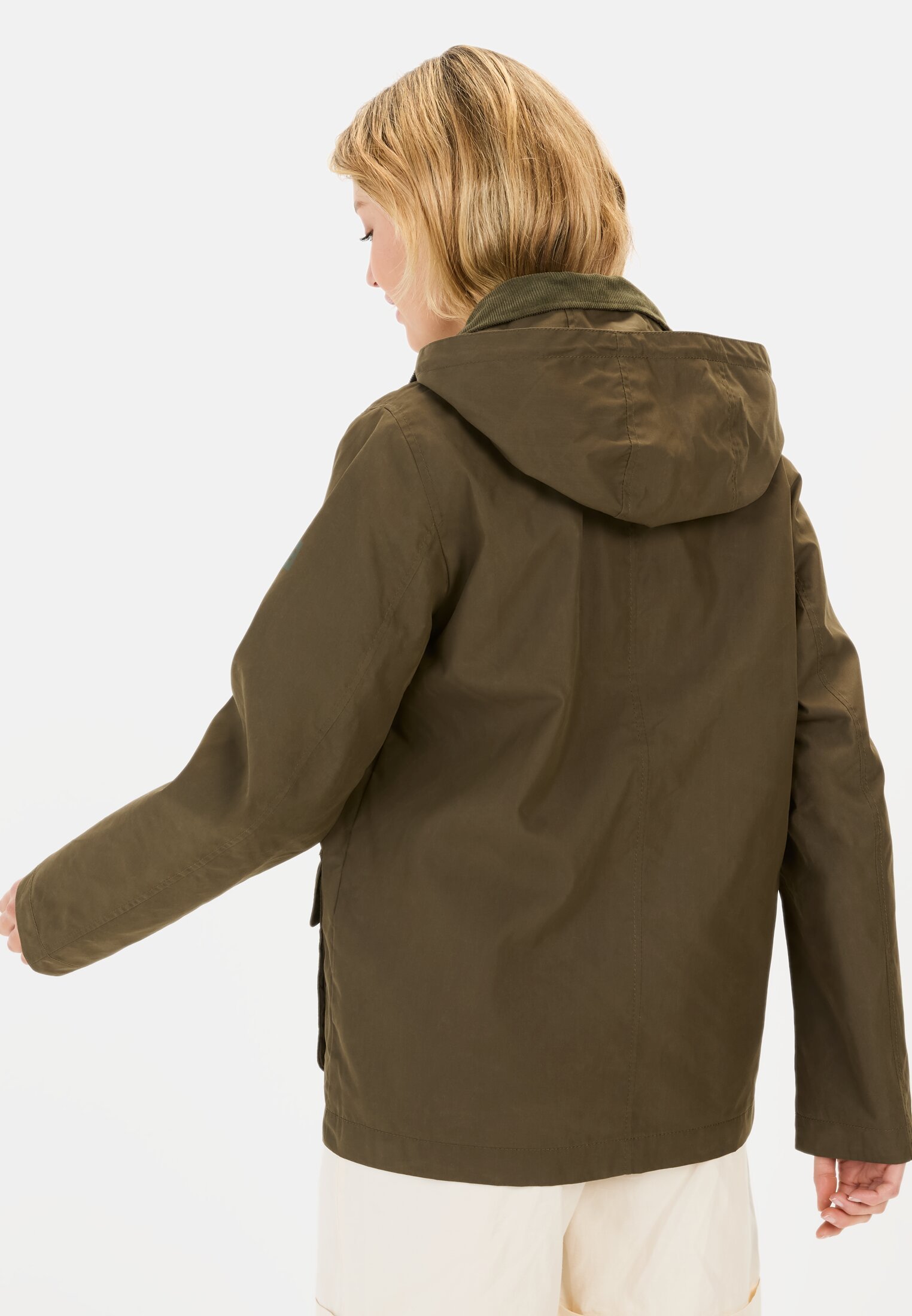 Damen Feldjacke mit Cordkragen Dunkel khaki getragen hinten