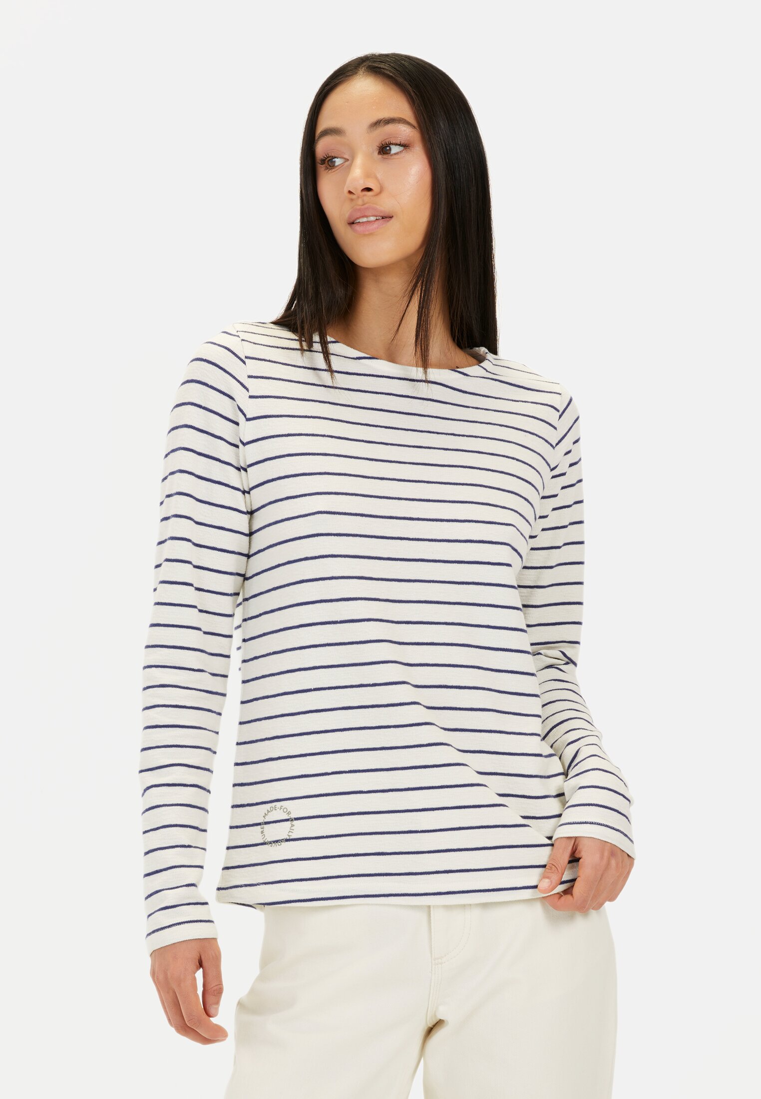 Women Striped long-sleeved shirt made of pure cotton Blue-White worn front