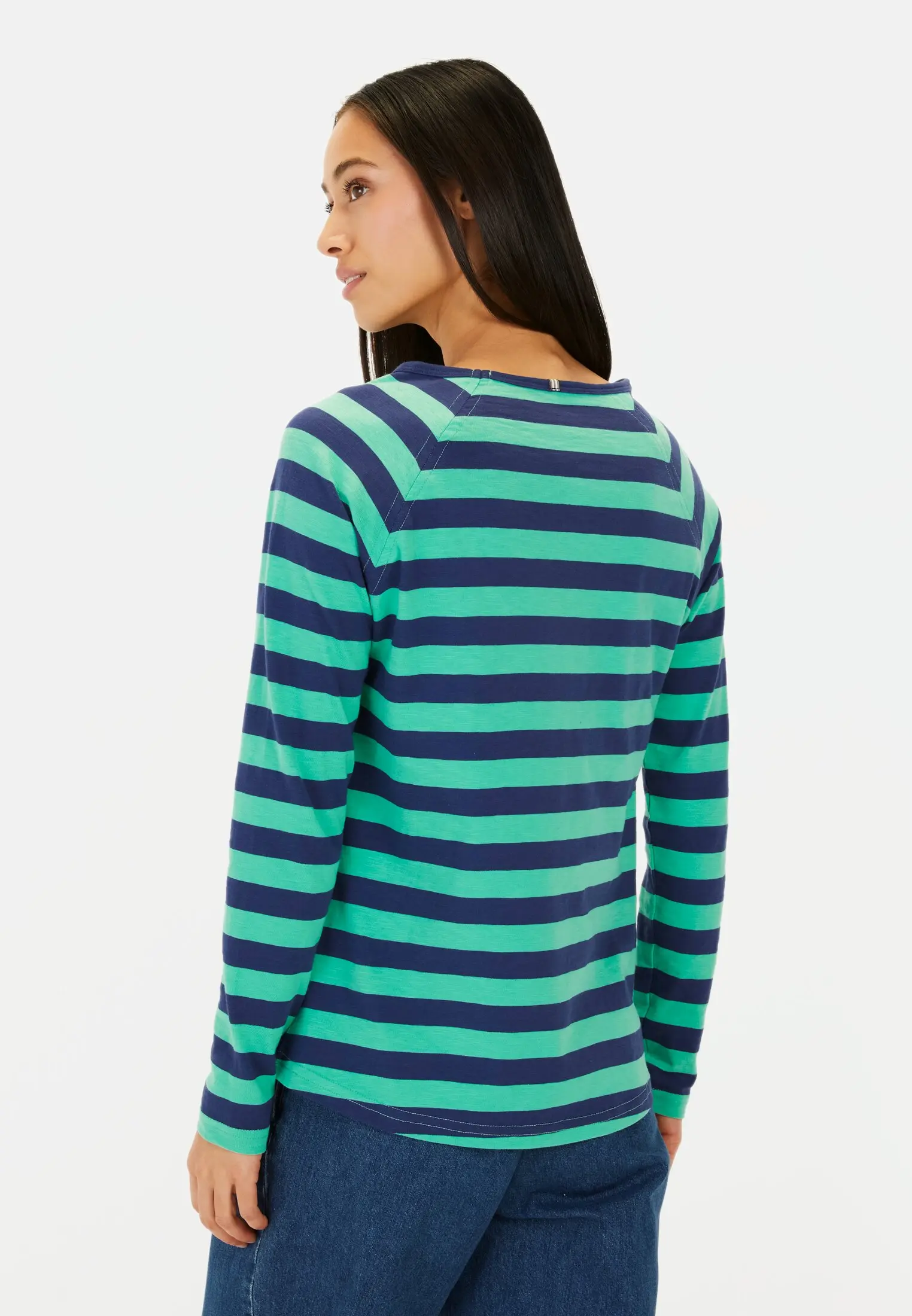 Women Striped long-sleeved shirt made of pure cotton Green-Blue worn back