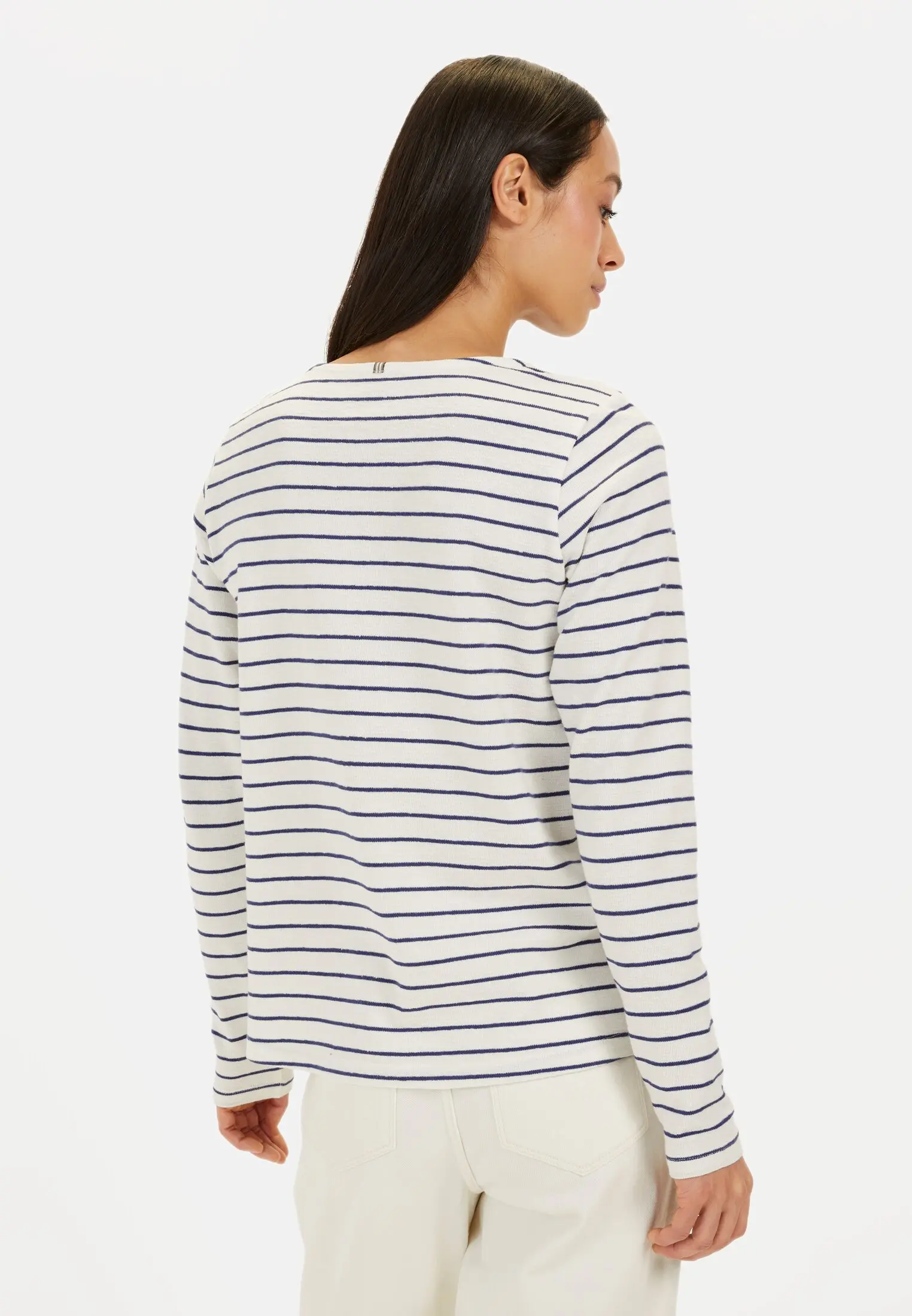 Women Striped long-sleeved shirt made of pure cotton Blue-White worn back