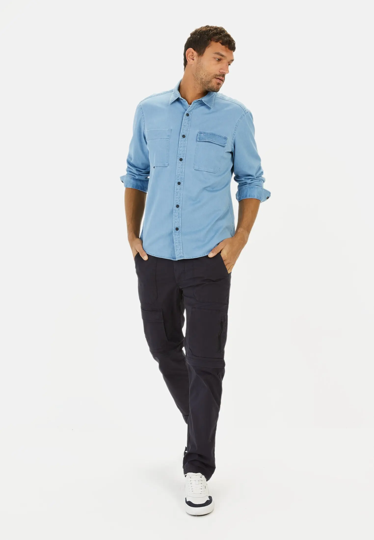 Men Shirt made from a cotton blend Blue worn front full body