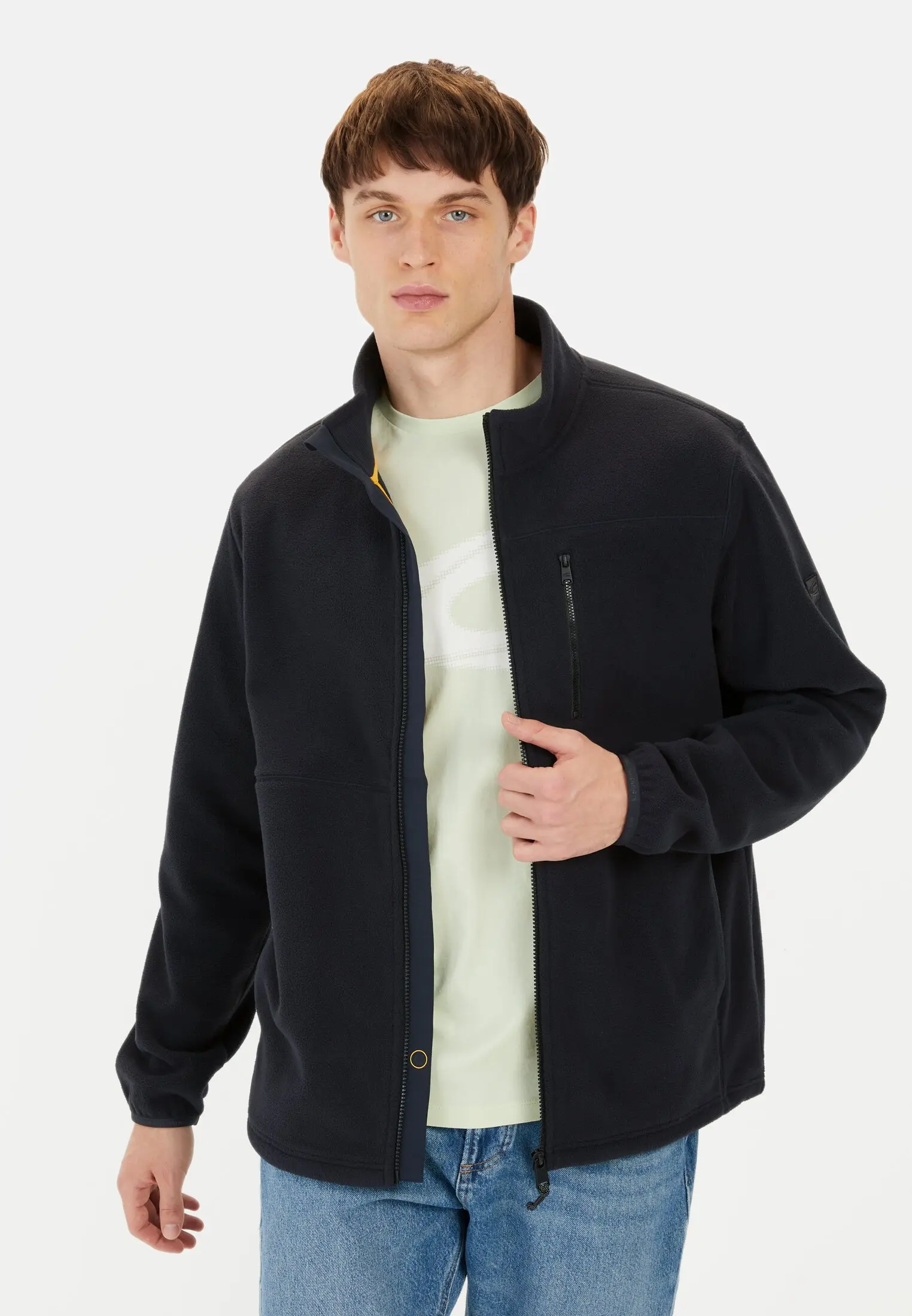 Men Fleece jacket with stand-up collar Dark Blue worn front