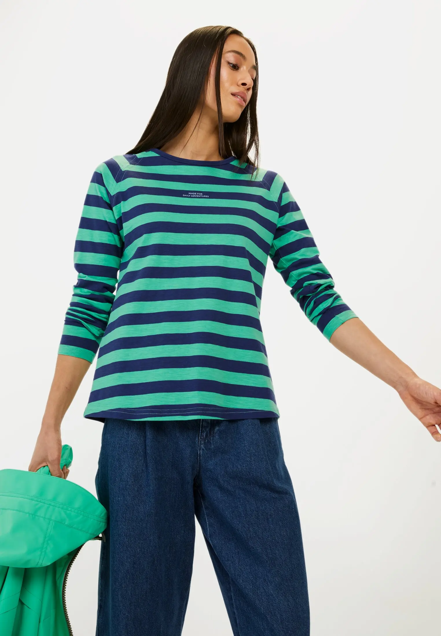 Women Striped long-sleeved shirt made of pure cotton Green-Blue worn emotional