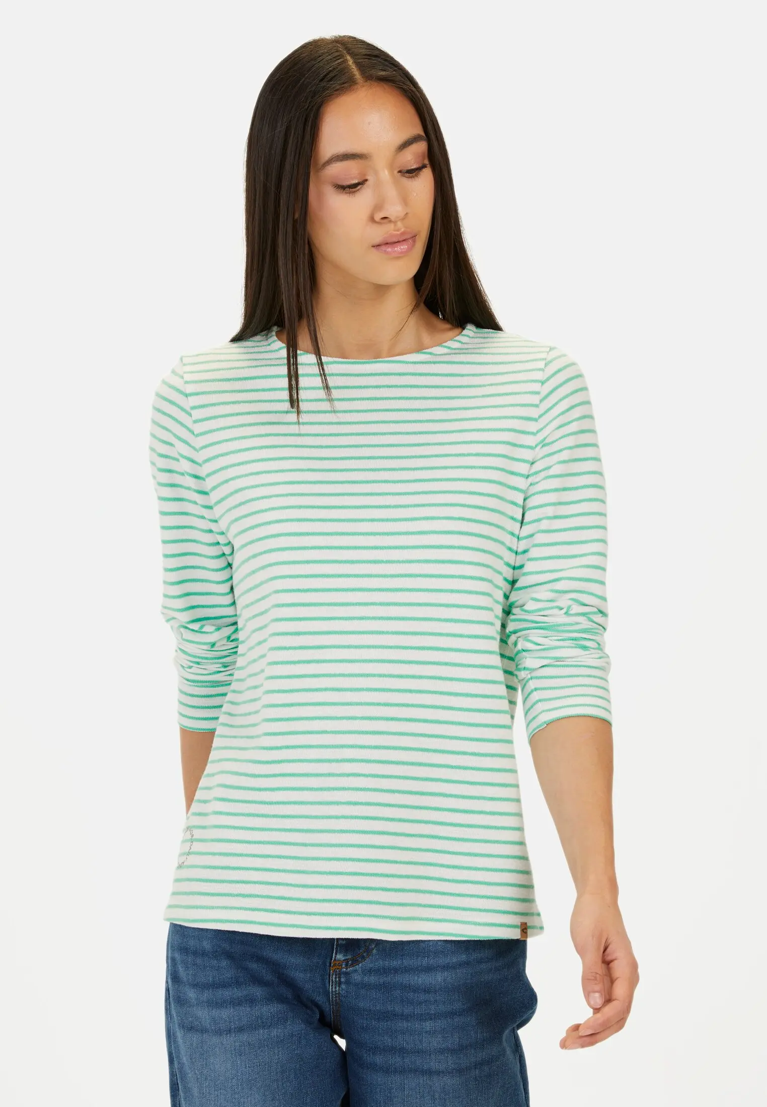 Women Long-sleeved shirt with a crew neck Green-White worn front