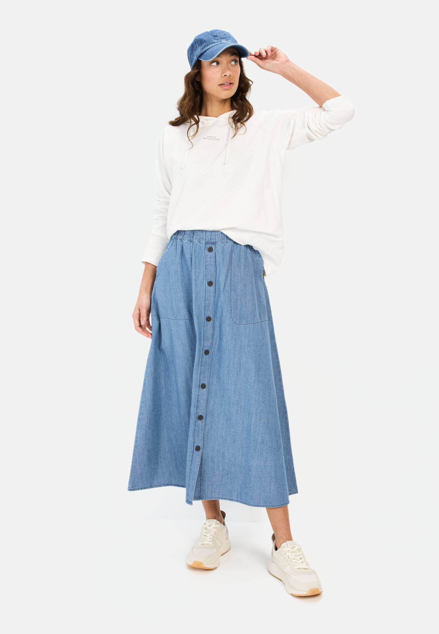 Women Long denim skirt with elastic waistband Denim worn front full body