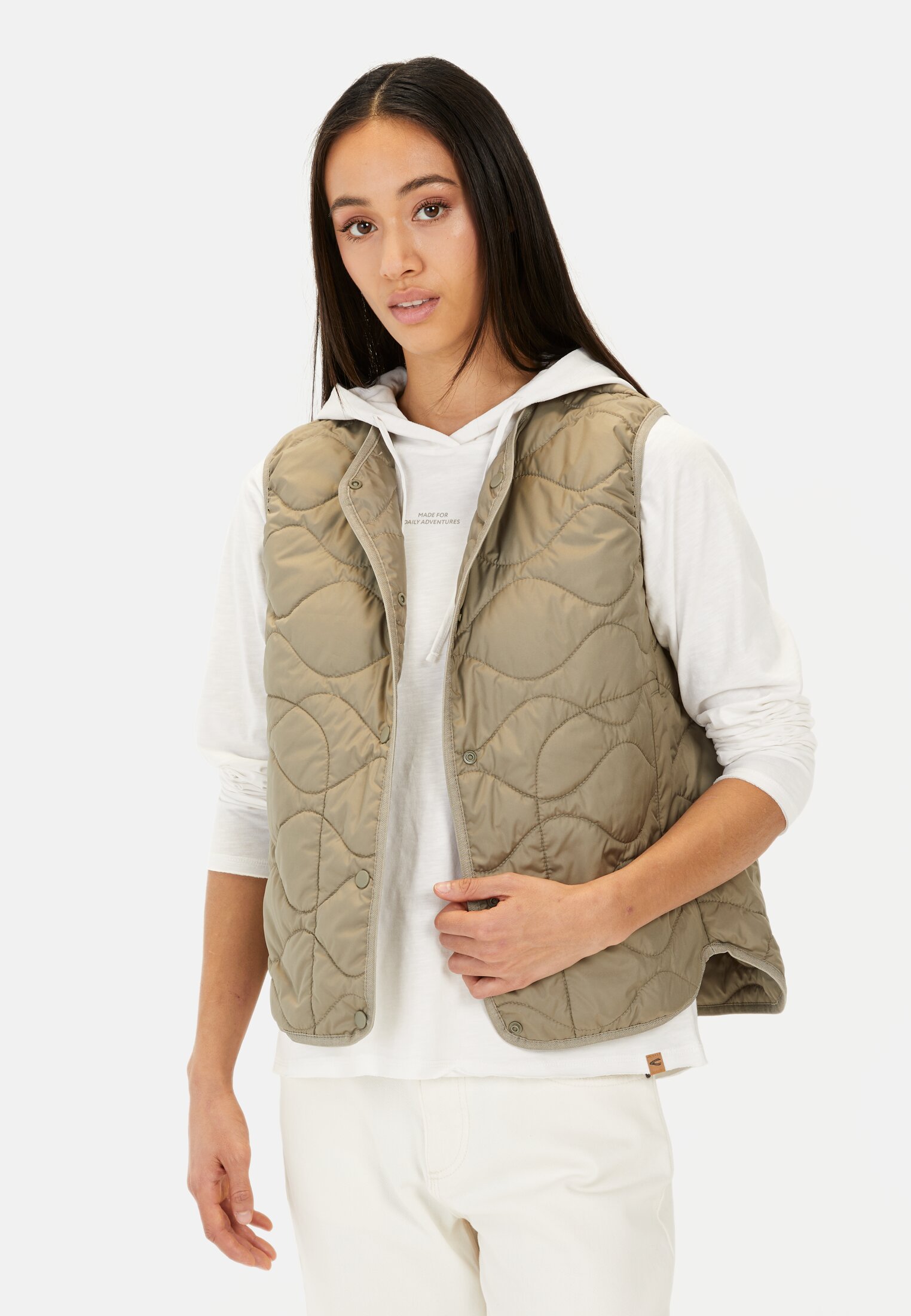 Women Vest with snap buttons Sage Green worn front