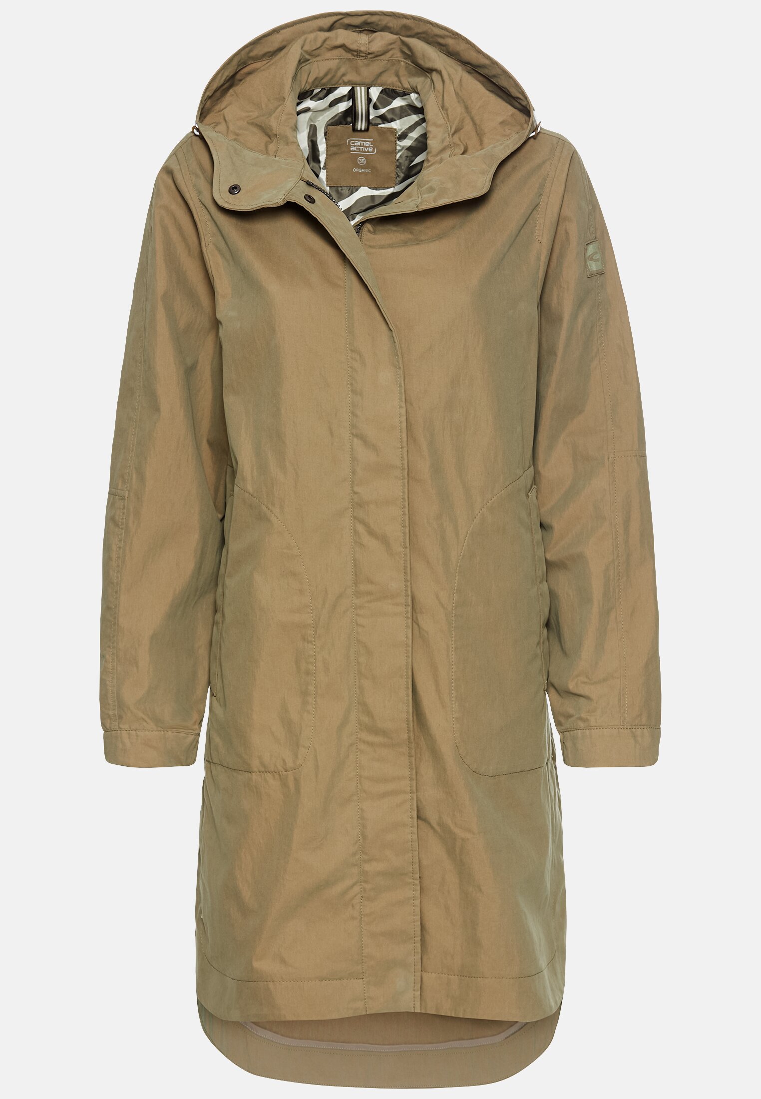 Damen Langer Parka mit verstellbarer Taille Khaki frontal vorn