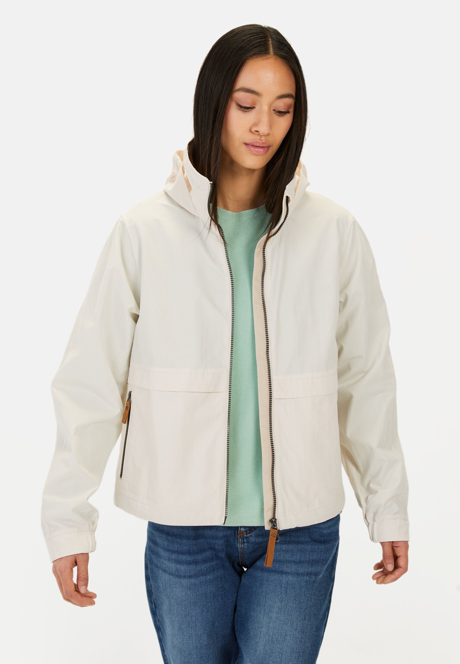 Women Lightweight jacket with a stowable hood Pearl white worn front