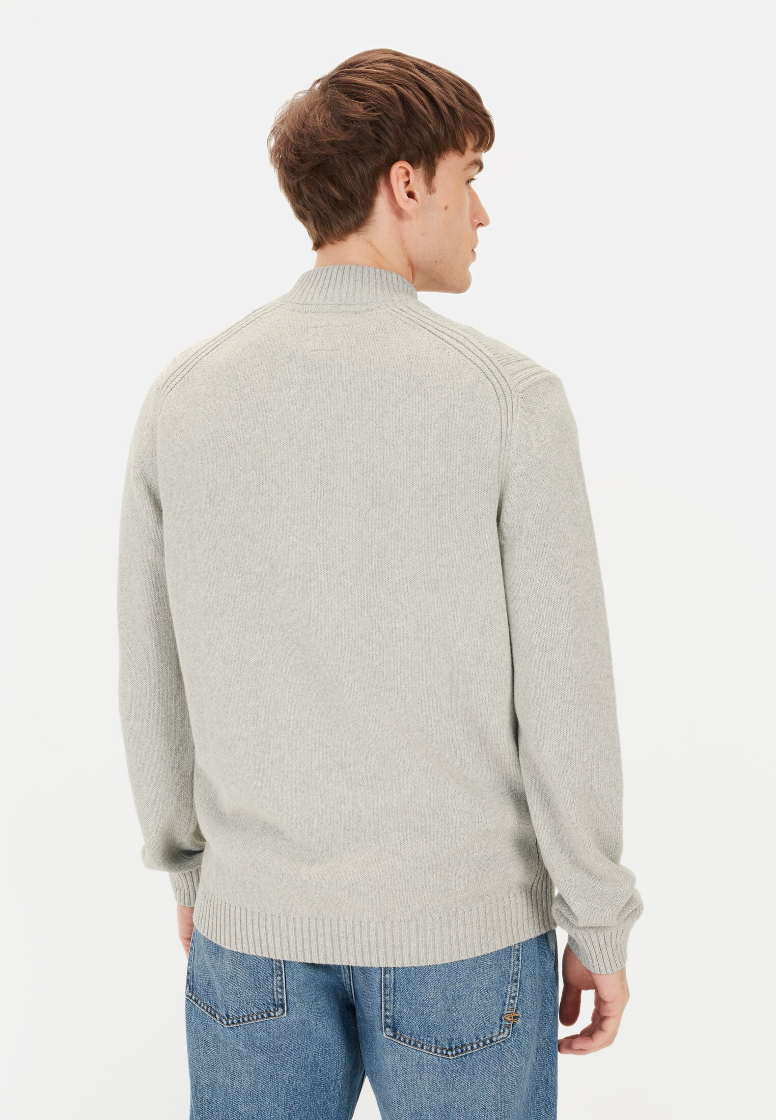 Men Knitted jacket with a Troyer collar Grey worn back