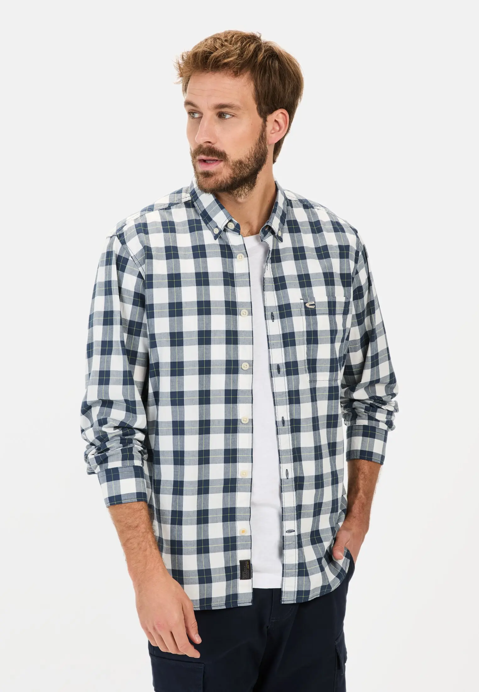 Men Checked shirt made of pure cotton Dark Blue worn front