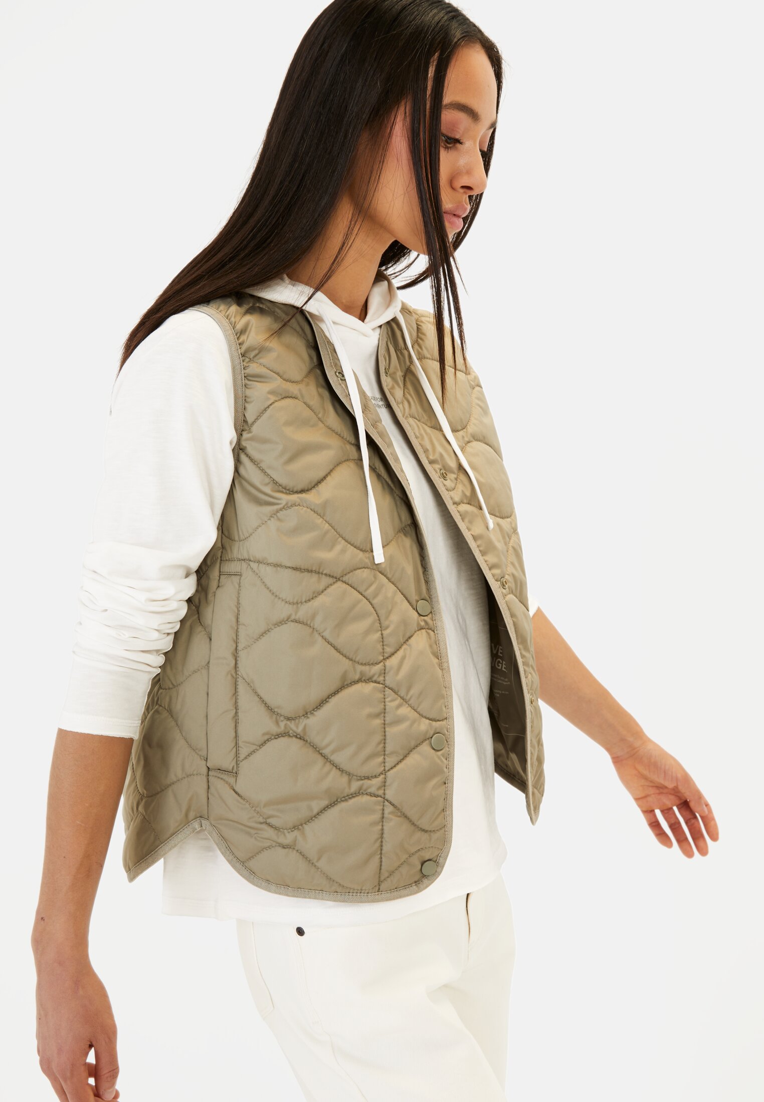 Women Vest with snap buttons Sage Green worn emotional