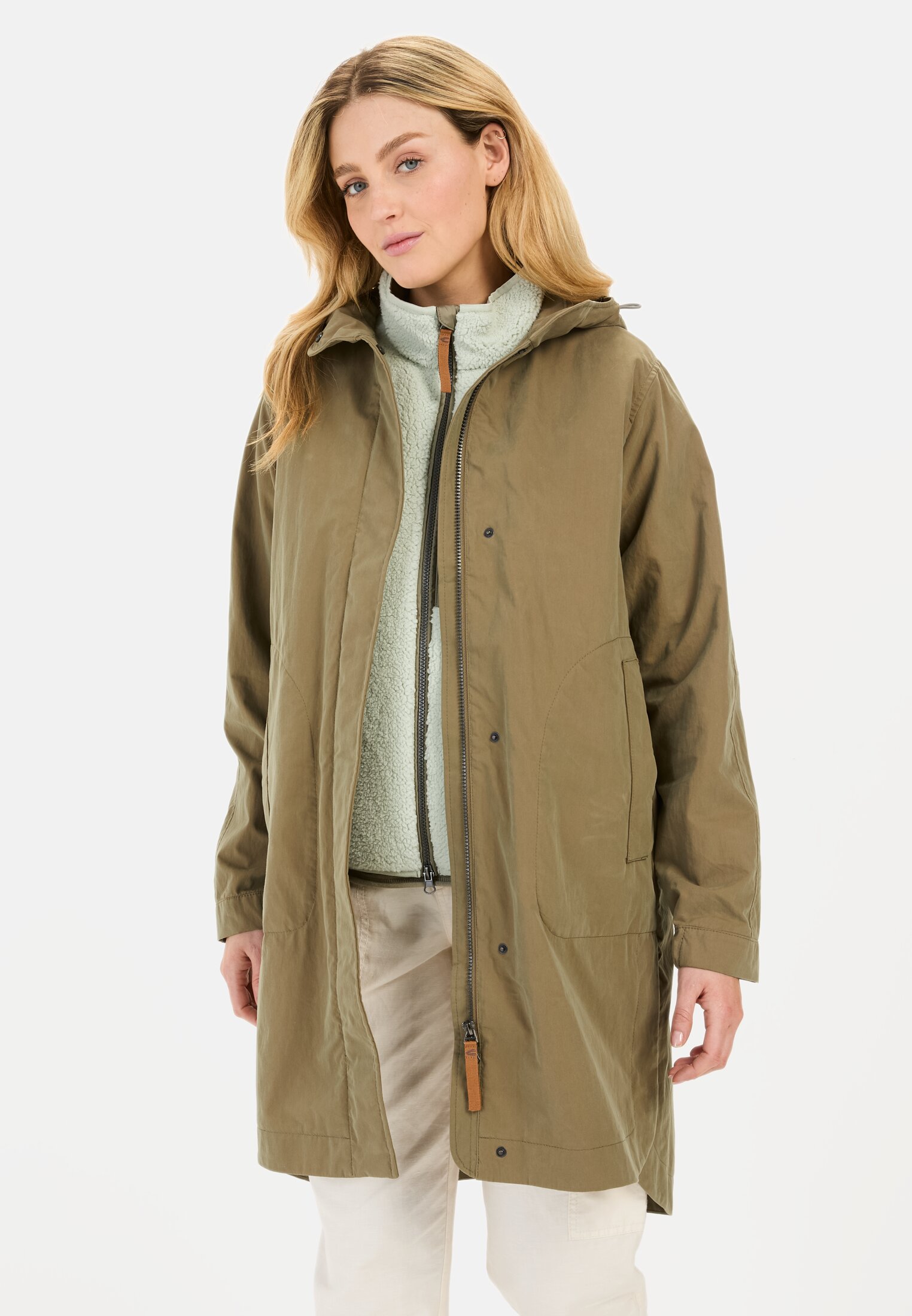 Damen Langer Parka mit verstellbarer Taille Khaki getragen vorn