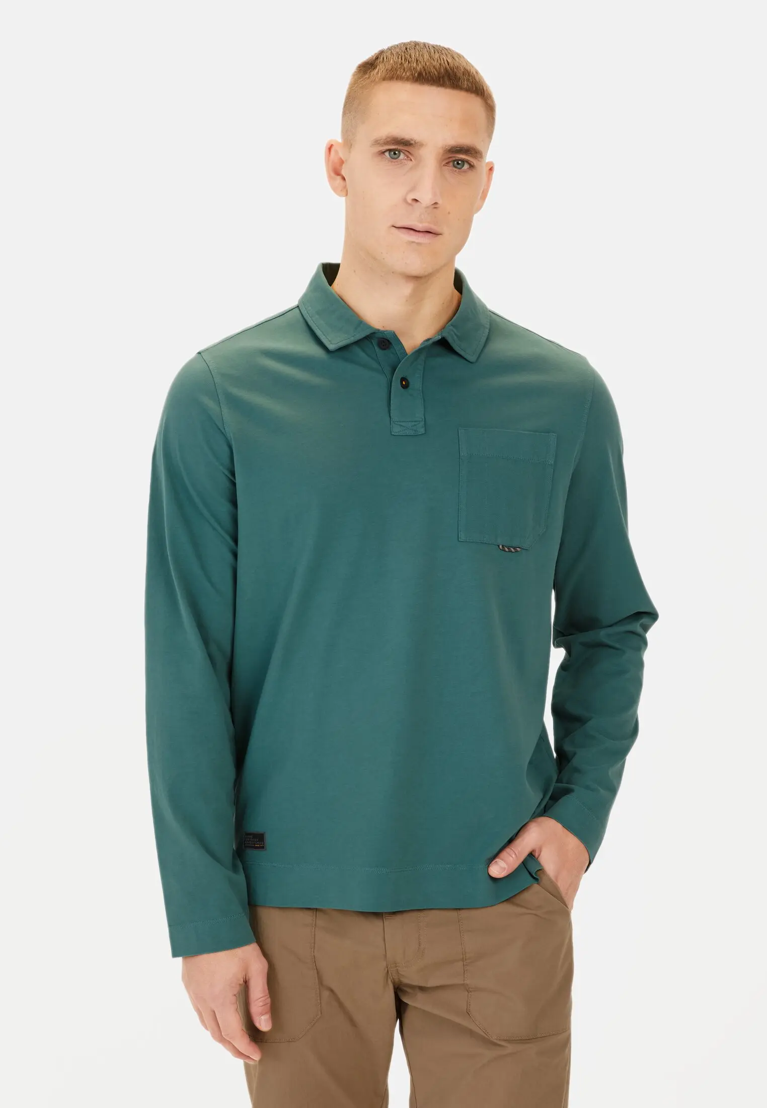 Men Long-sleeved polo shirt made of pure cotton Dark green worn front