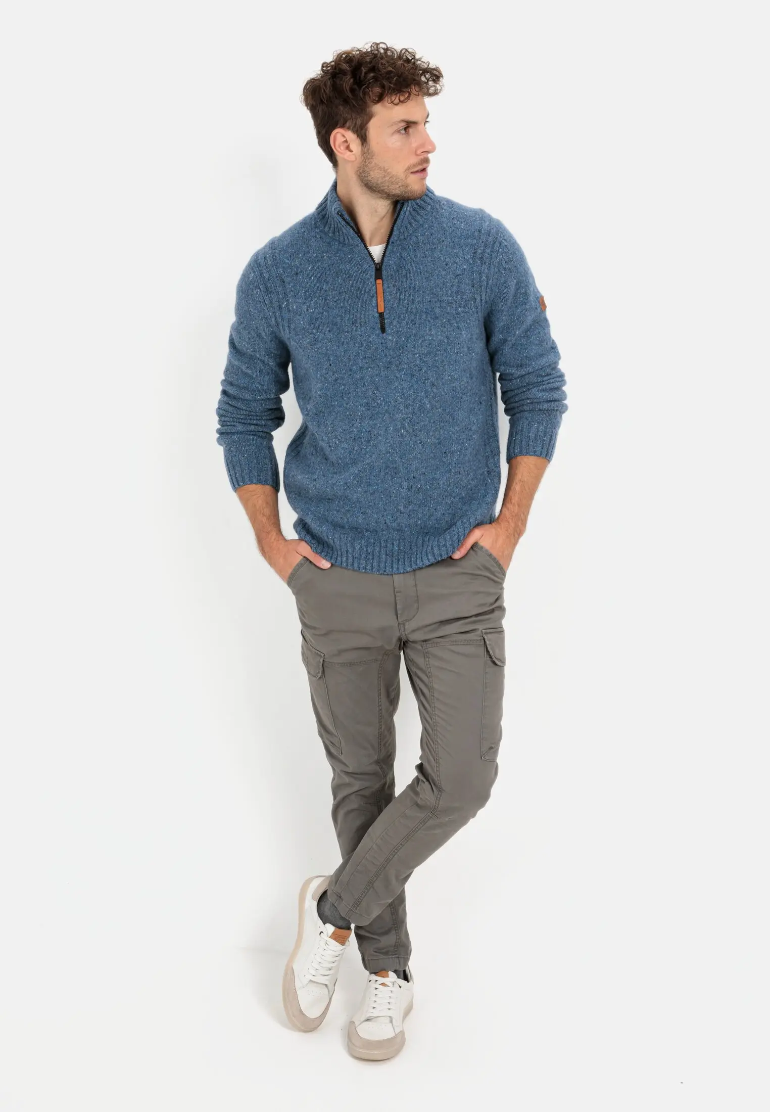 Men Troyer sweater made from a wool mix Denim Blue worn front full body