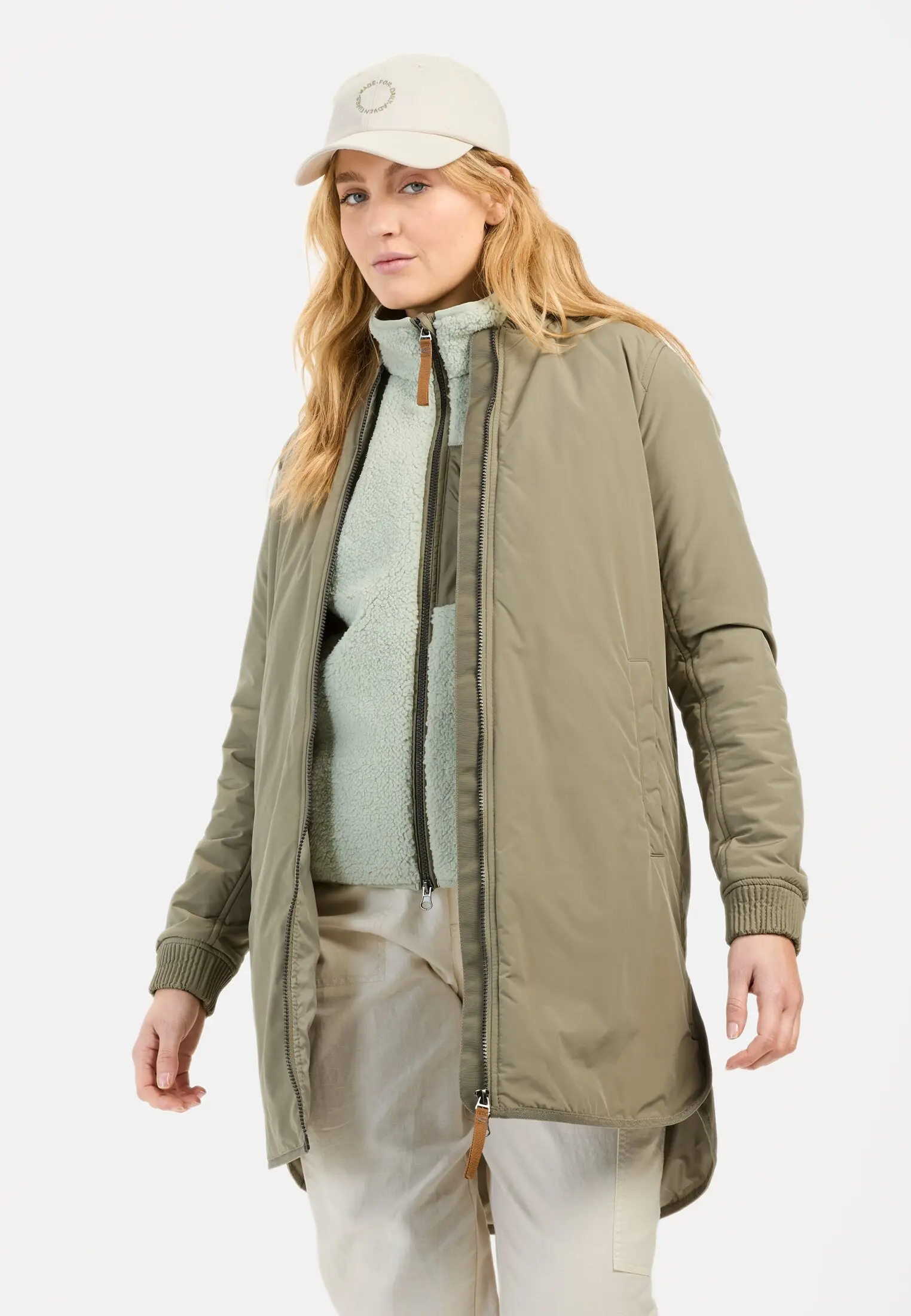 Women Recycled polyester coat Sage worn front