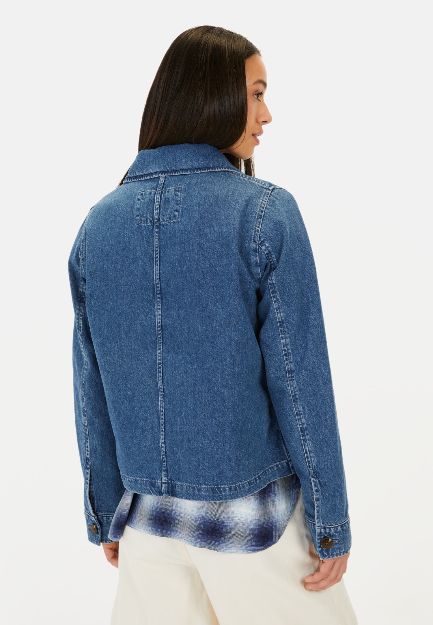 Damen Jeansjacke aus Baumwolle Verwaschenes Blau getragen hinten