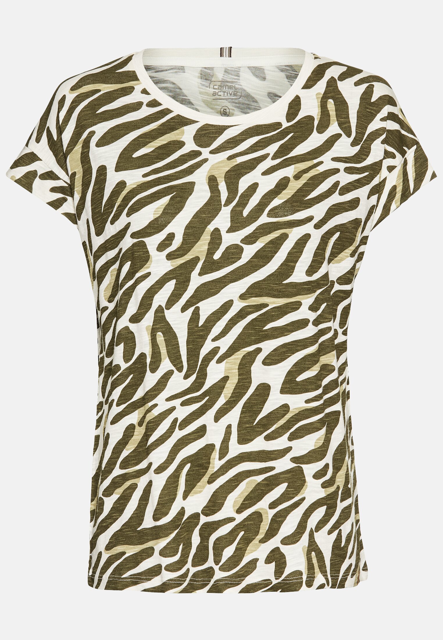 Vrouwen T-shirt met camouflage all-over print Olijf Beige frontaal voor