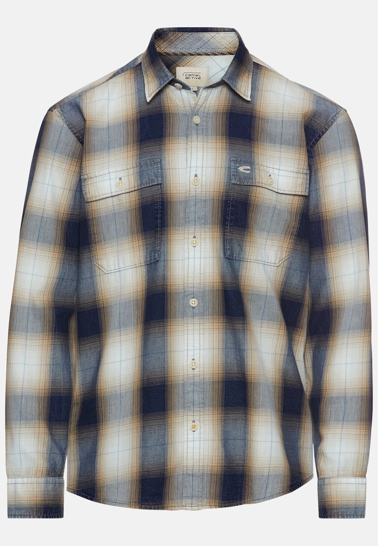 Men Regular fit long sleeve shirt made of cotton Blue-Beige