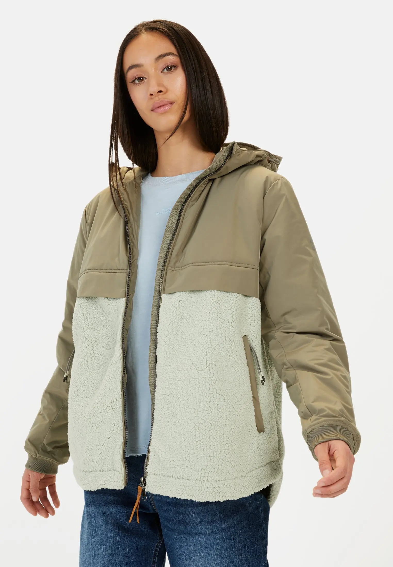 Women Teddy jacket with hood Sage worn front