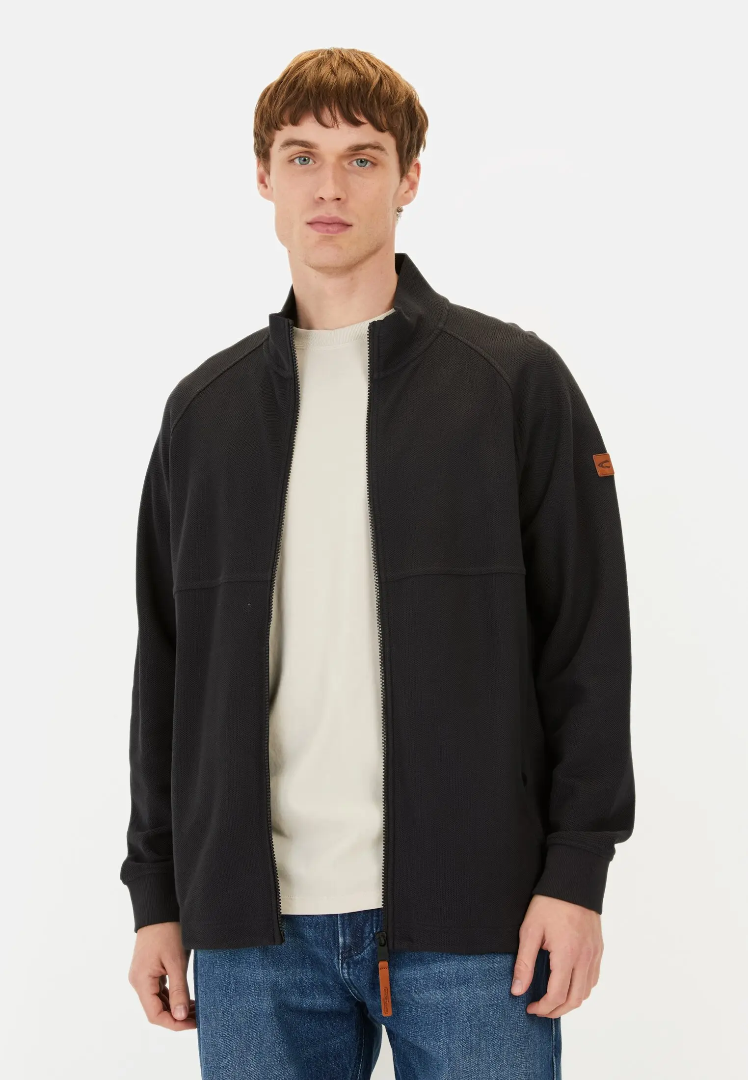 Men Sweat jacket with stand-up collar Black worn front