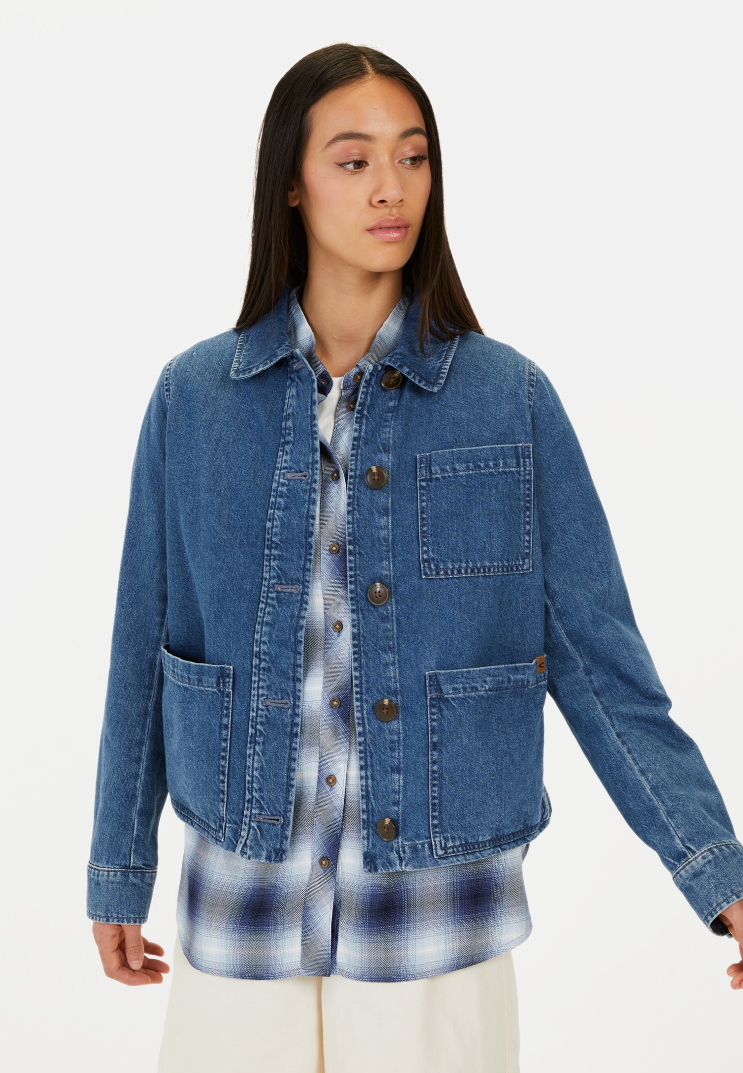 Women Denim jacket made of cotton Used Blue worn front