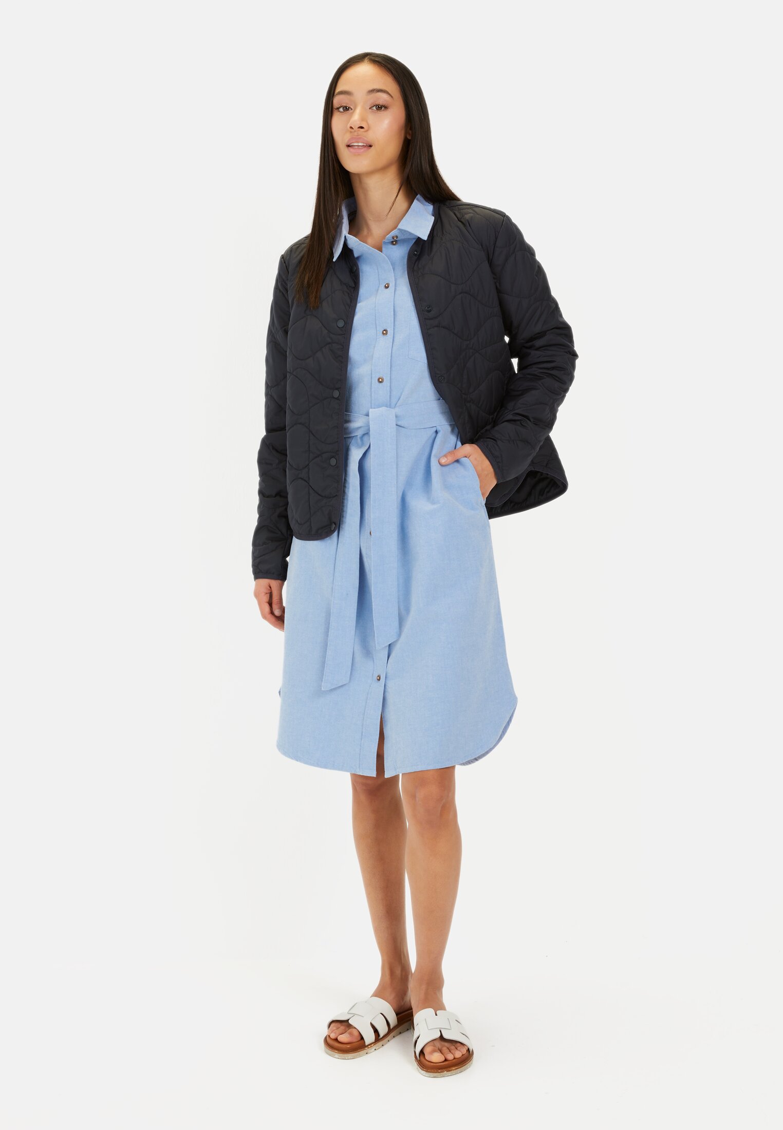 Women Shirt dress with fabric belt Oxford worn front full body