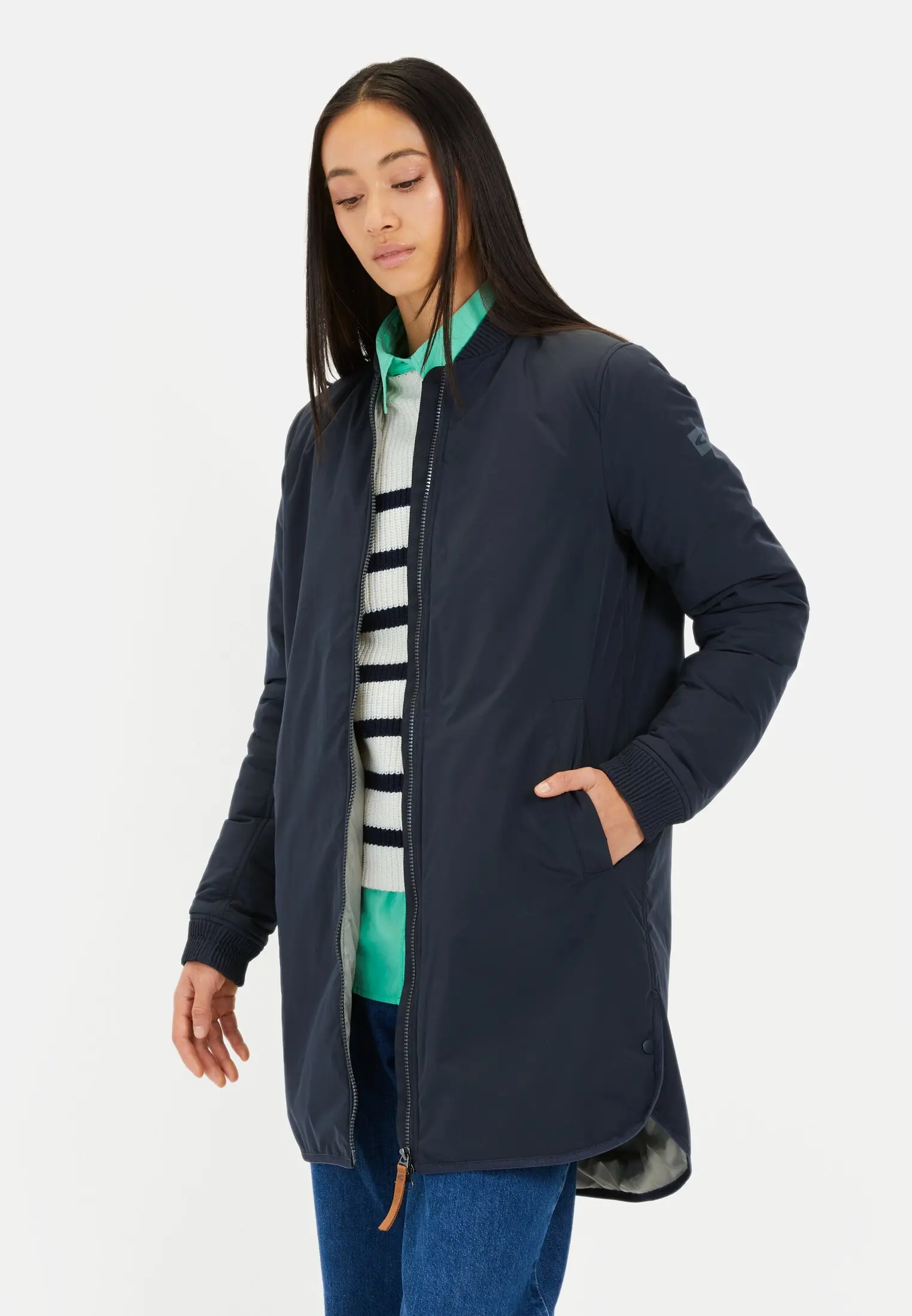 Women Recycled polyester coat Navy worn front