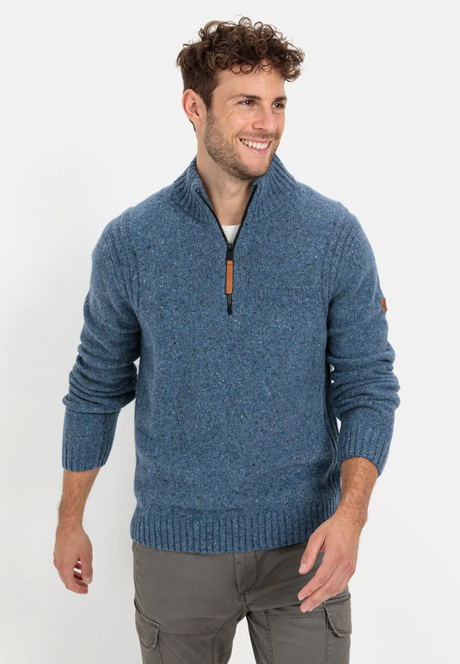 Men Troyer sweater made from a wool mix Denim Blue worn front