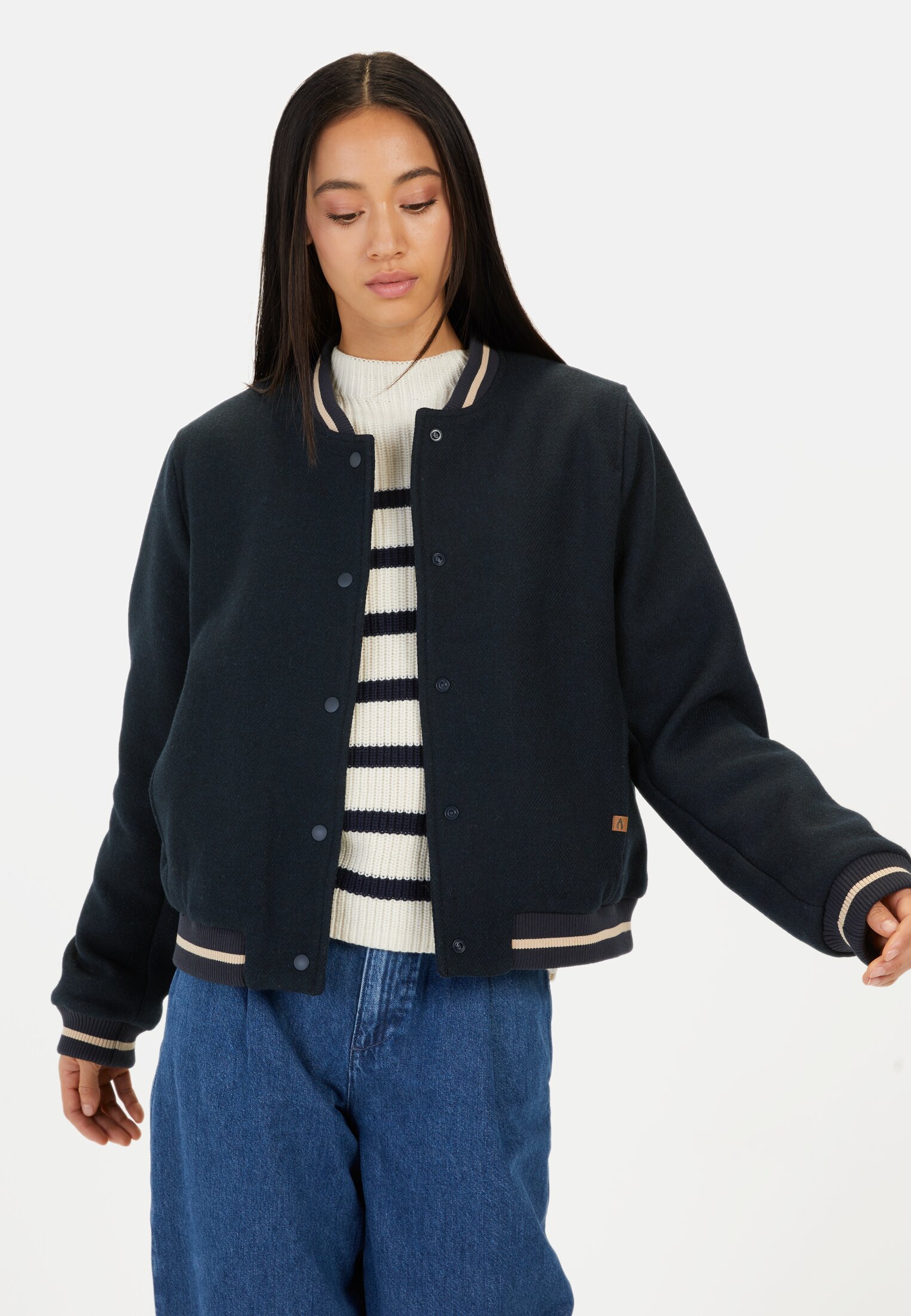 Women College jacket made from a wool blend Night Blue worn front