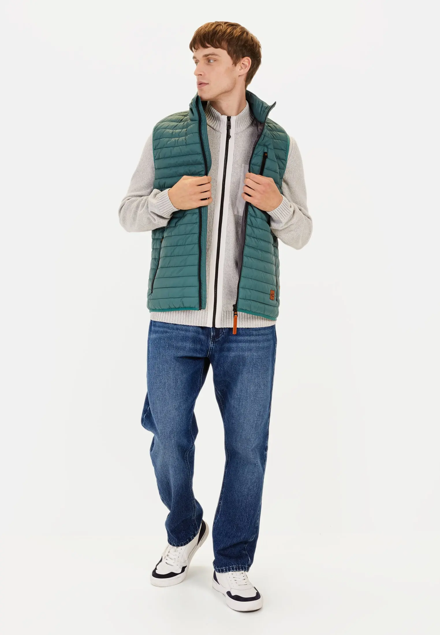 Men Quilted vest with stand-up collar Dark green worn front full body