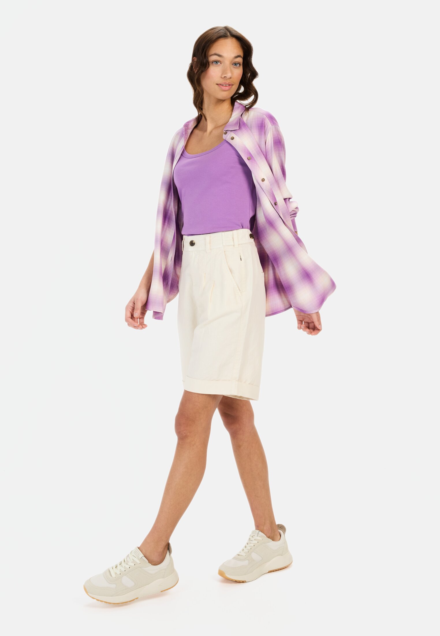 Women Checked blouse made of pure viscose Violet-White worn front full body