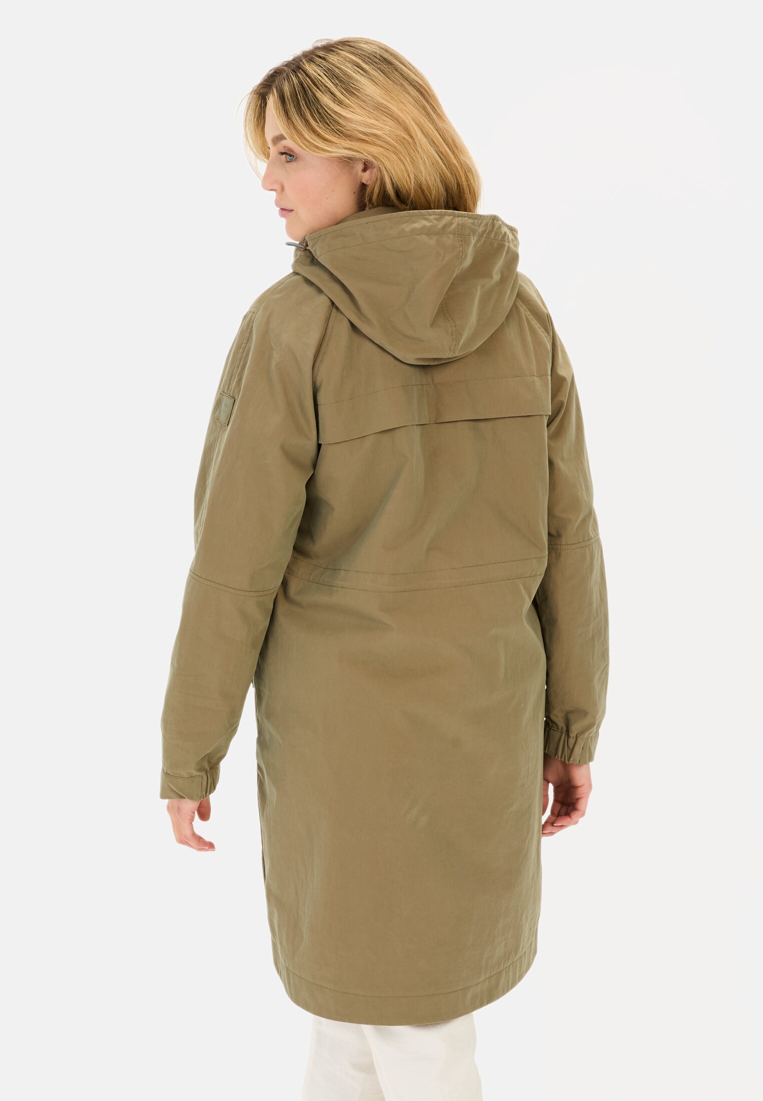 Damen Langer Parka mit verstellbarer Taille Khaki getragen hinten