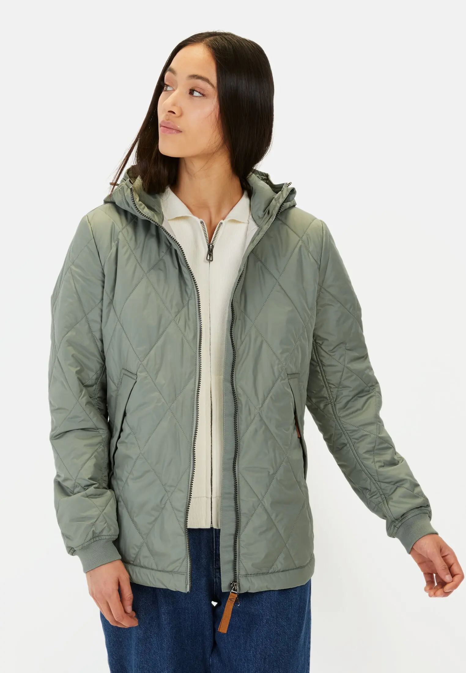 Women Jacket with diamond quilting Light Green worn front