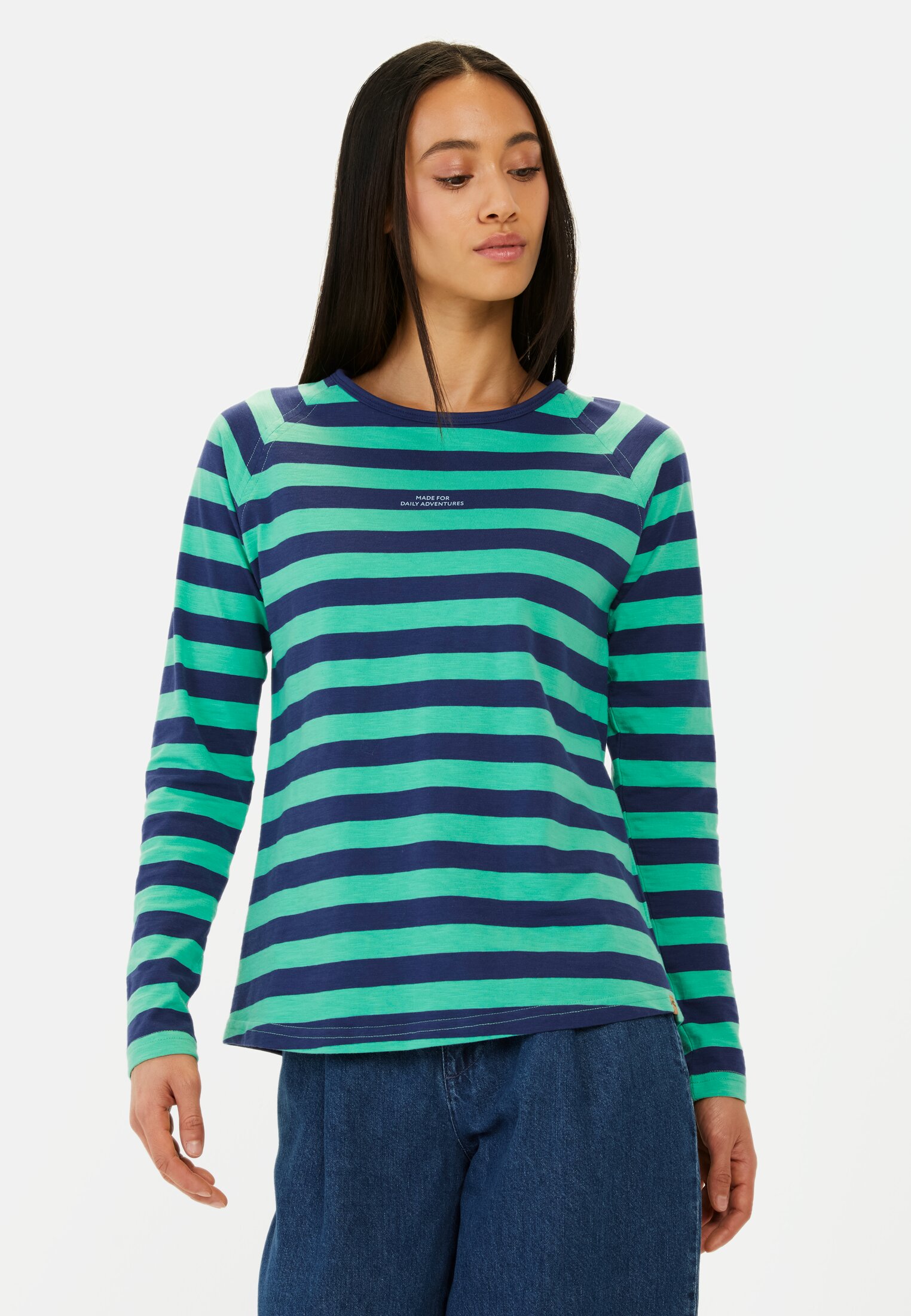 Women Striped long-sleeved shirt made of pure cotton Green-Blue worn front