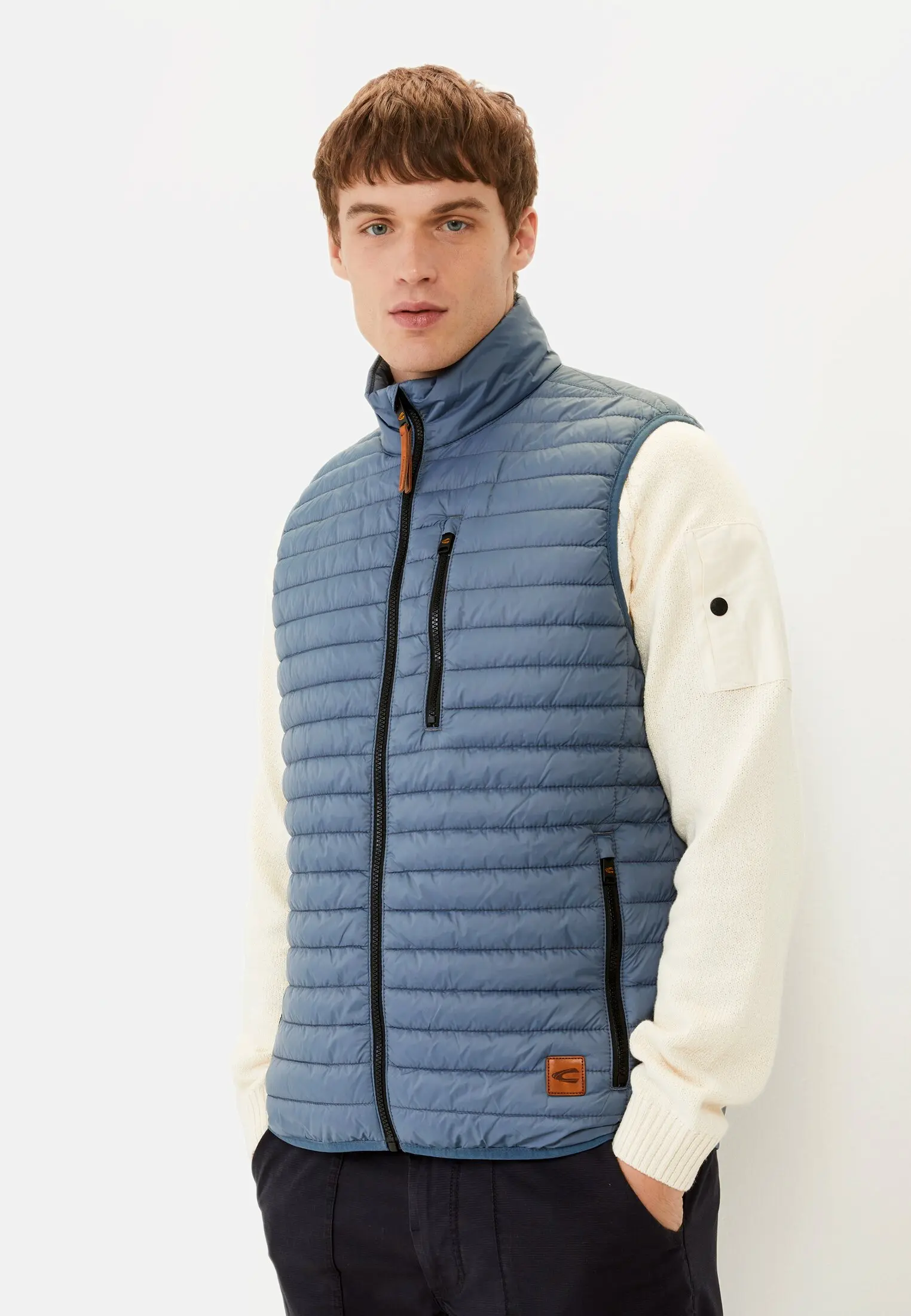 Men Quilted vest with stand-up collar Elemental Blue worn front