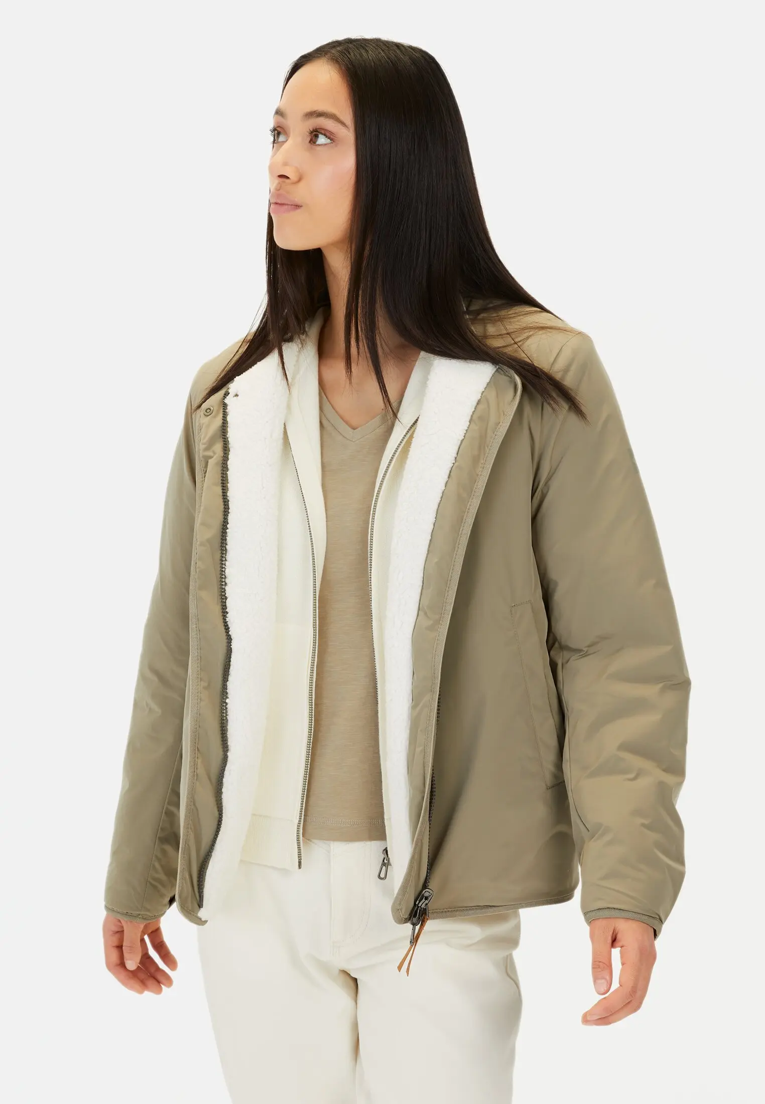 Women Reversible jacket made from recycled polyester Sage Green worn front