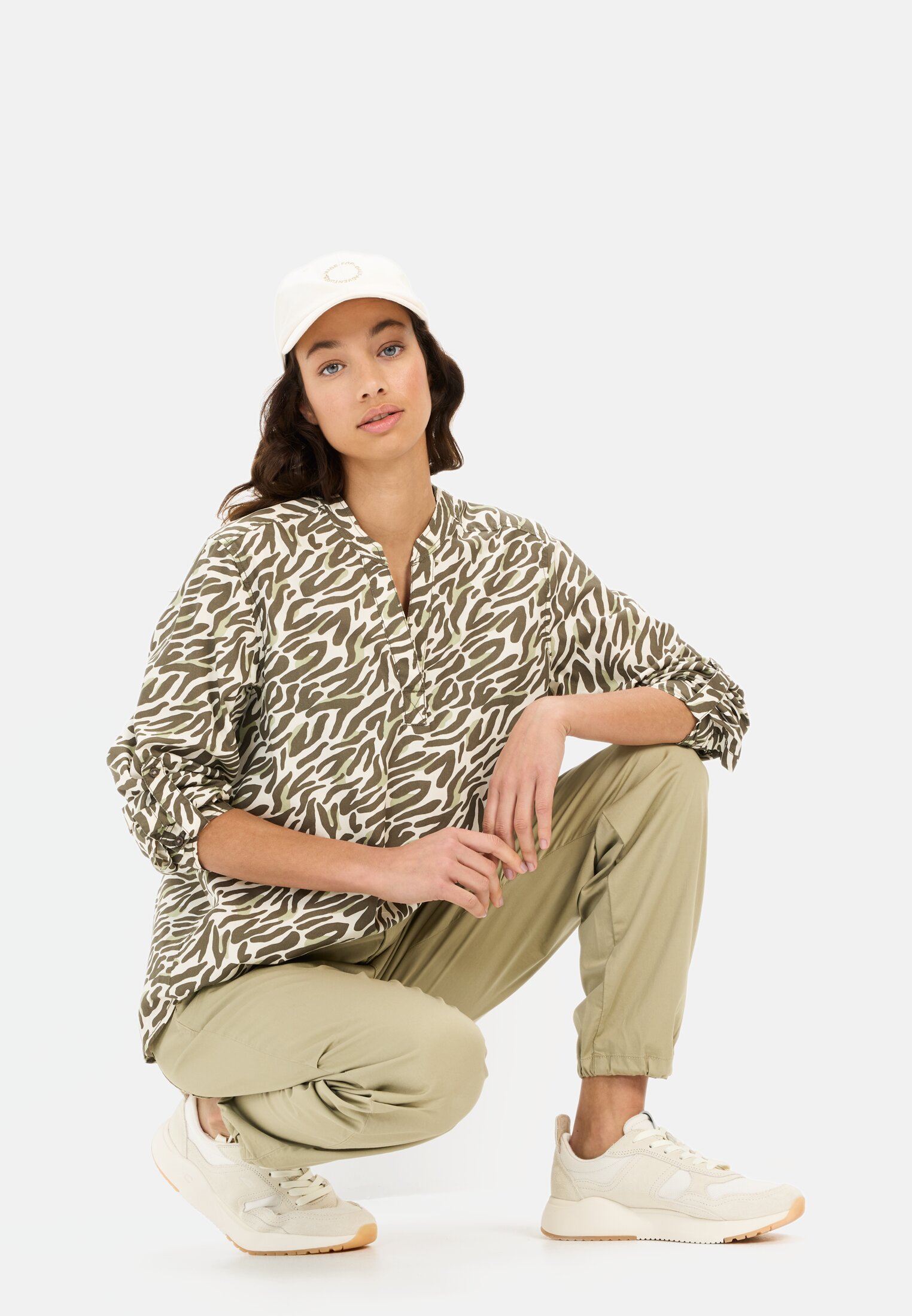 Women Long-sleeve blouse with all-over print Olive Beige worn front full body