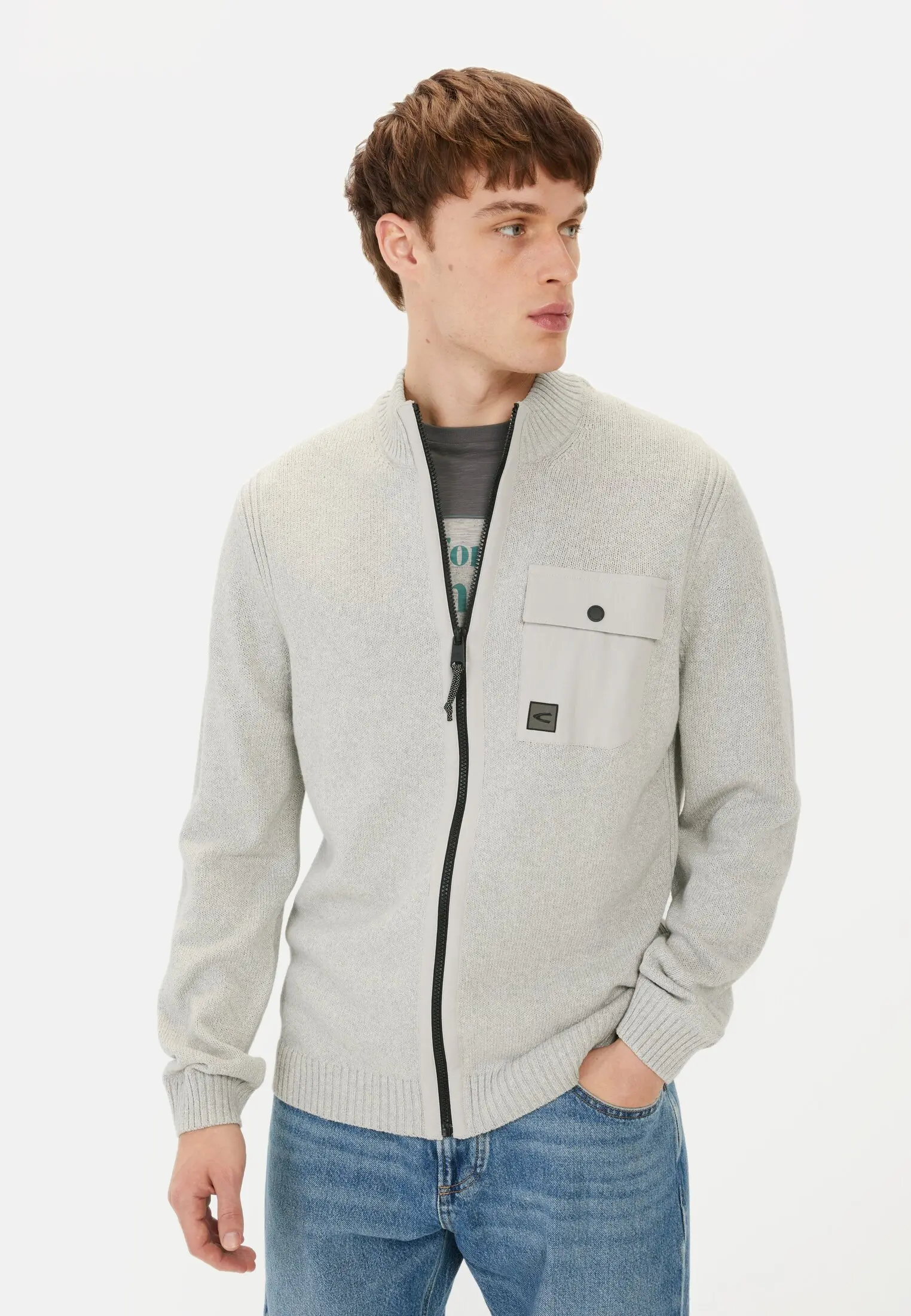 Men Knitted jacket with a Troyer collar Grey worn front