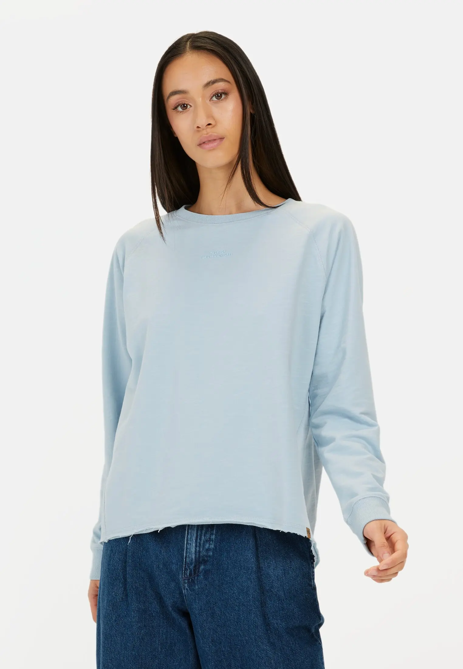 Women Long-sleeved shirt made of pure cotton Light Blue worn front