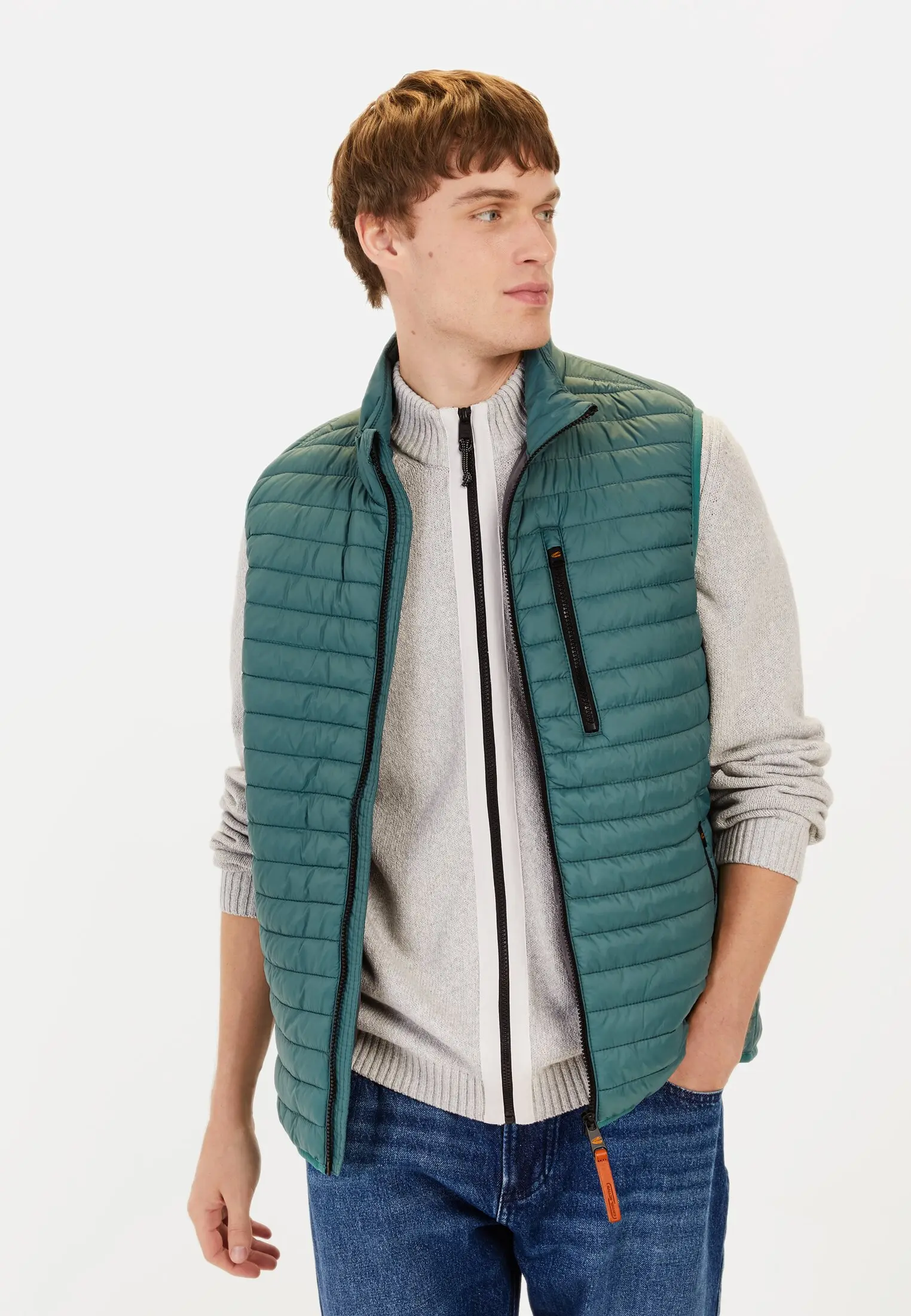 Men Quilted vest with stand-up collar Dark green worn front