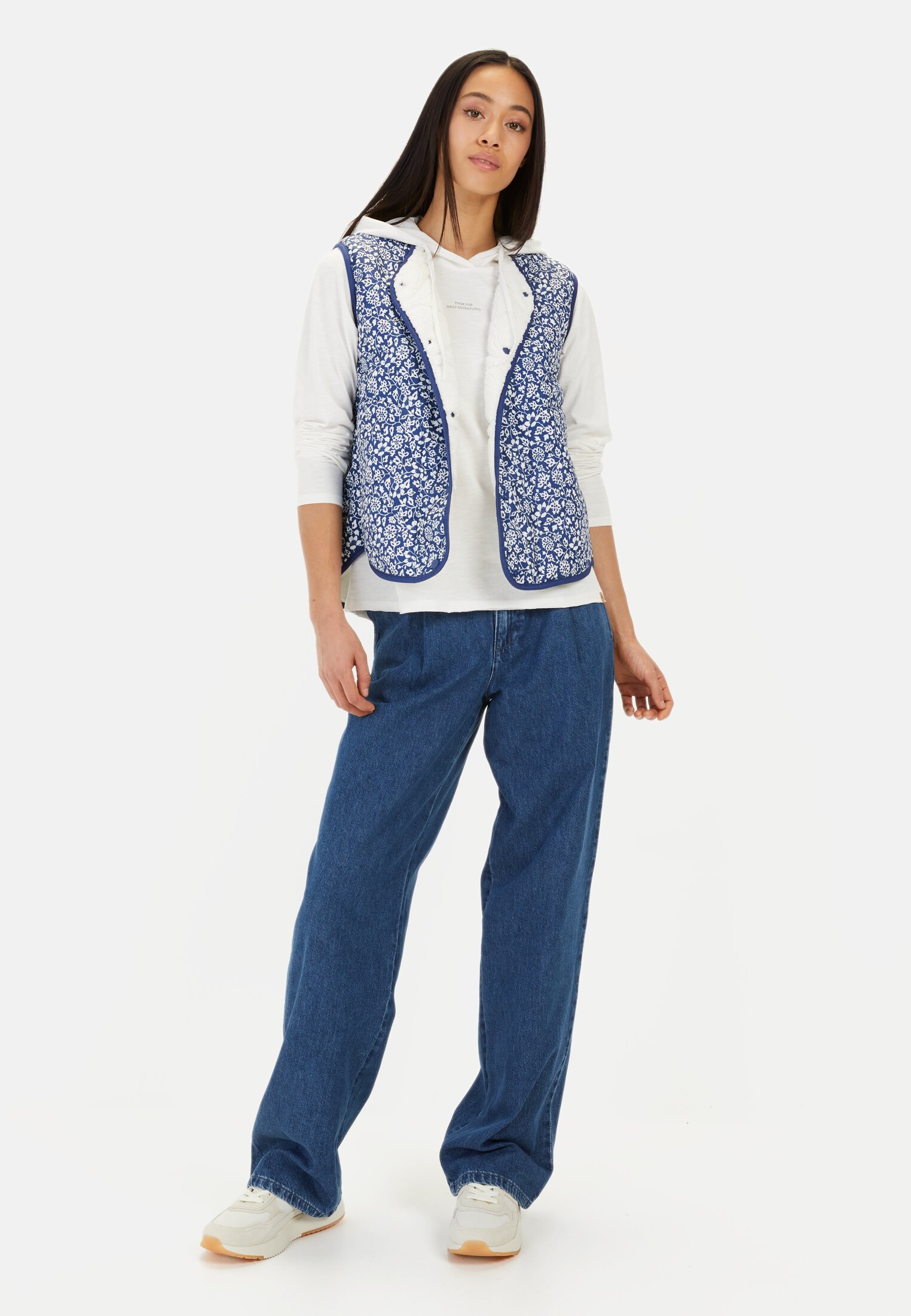 Women Outdoor vest with floral print Blue worn front full body