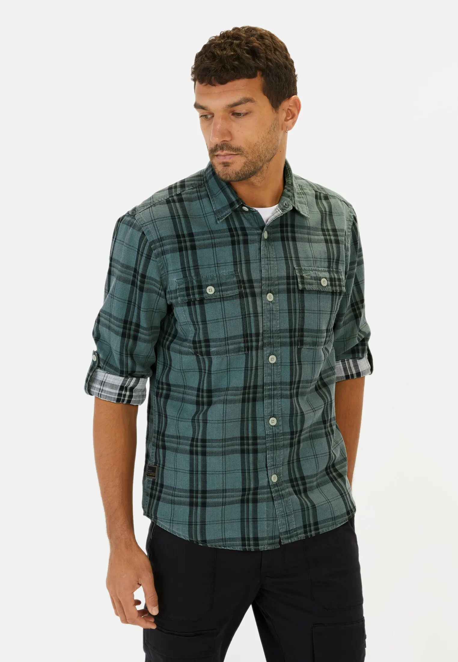 Men Checked shirt made of pure cotton Dark Green worn front