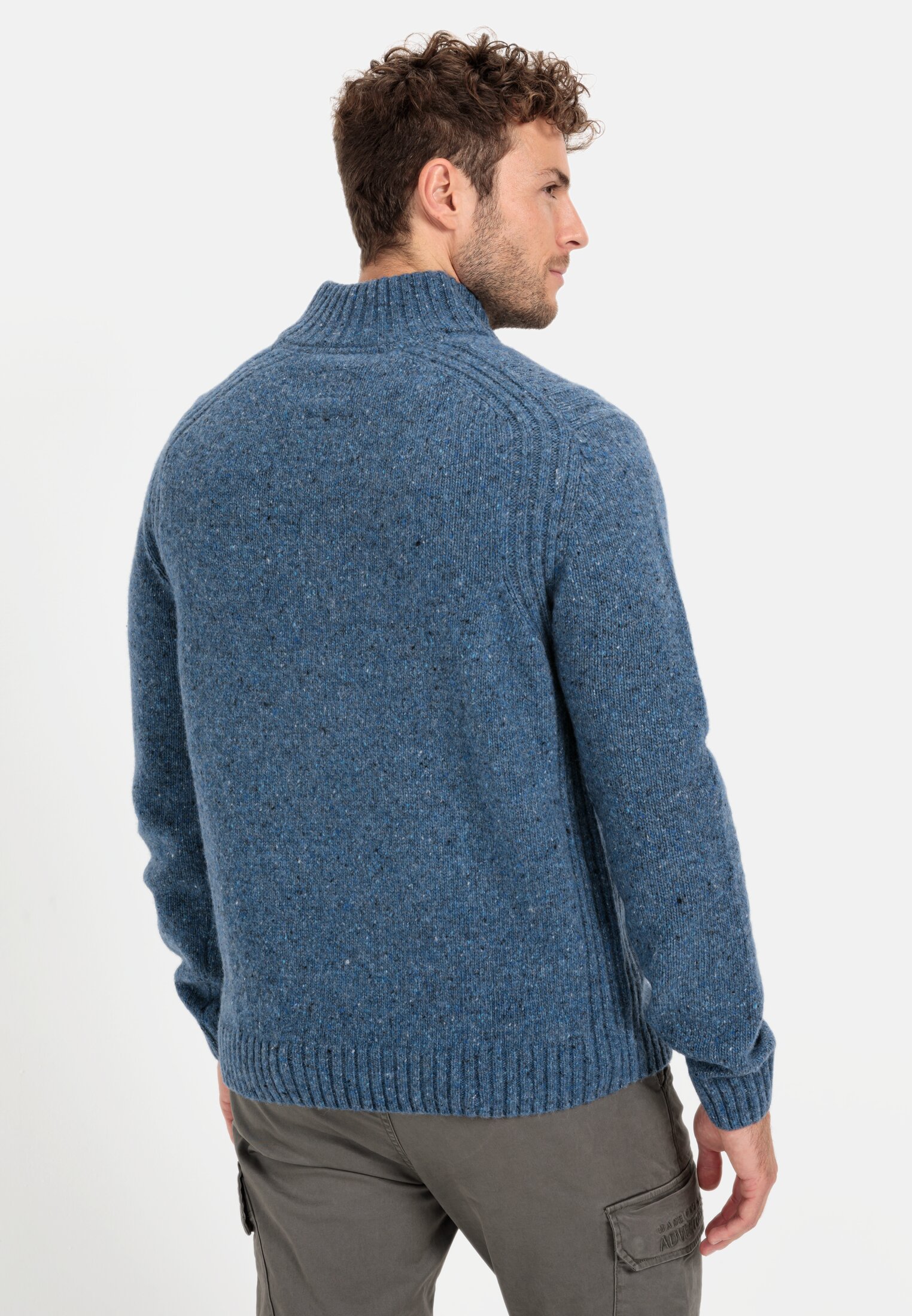 Men Troyer sweater made from a wool mix Denim Blue worn back