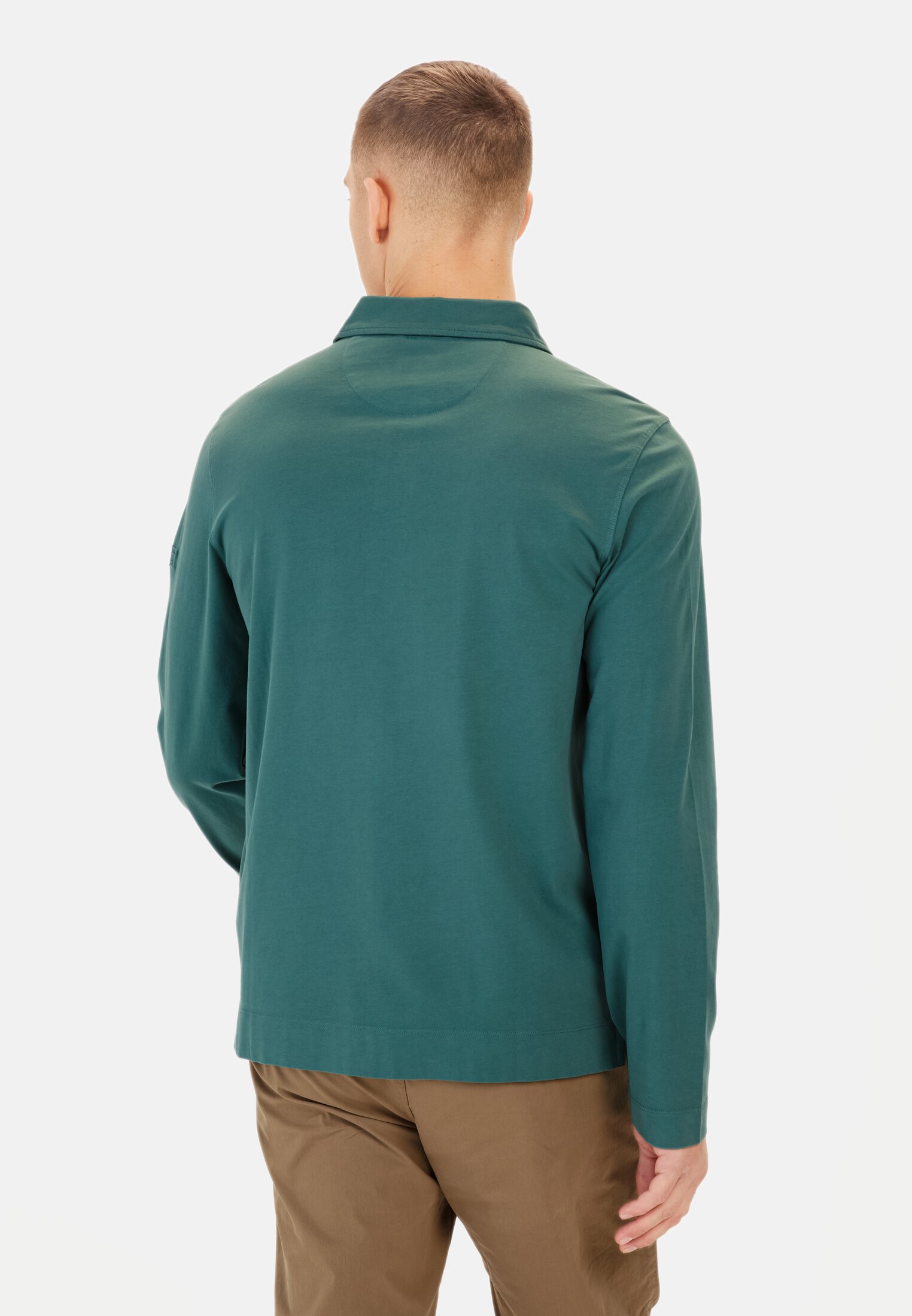 Men Long-sleeved polo shirt made of pure cotton Dark green worn back