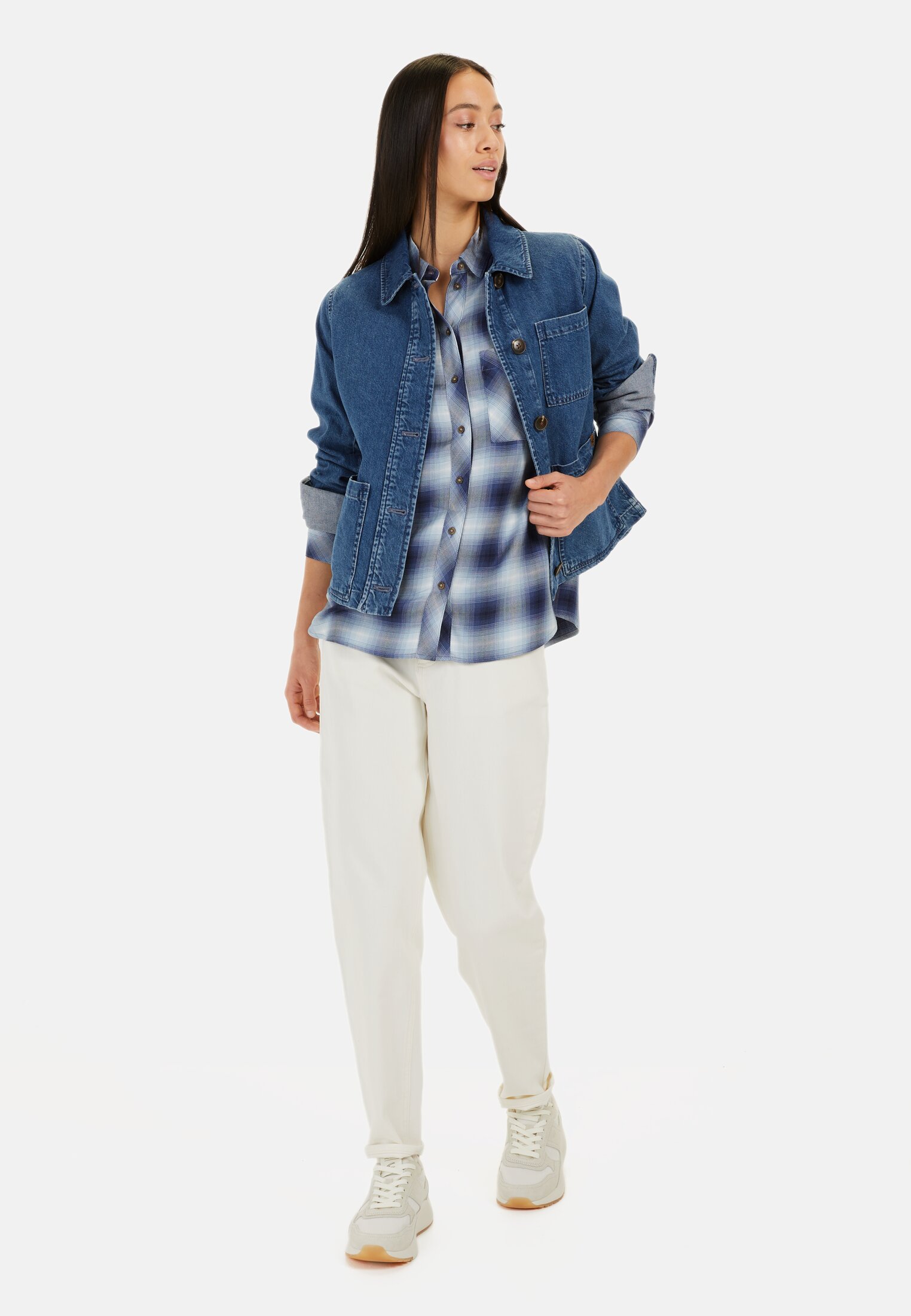 Women Checked blouse made of pure viscose Blue Check worn front full body