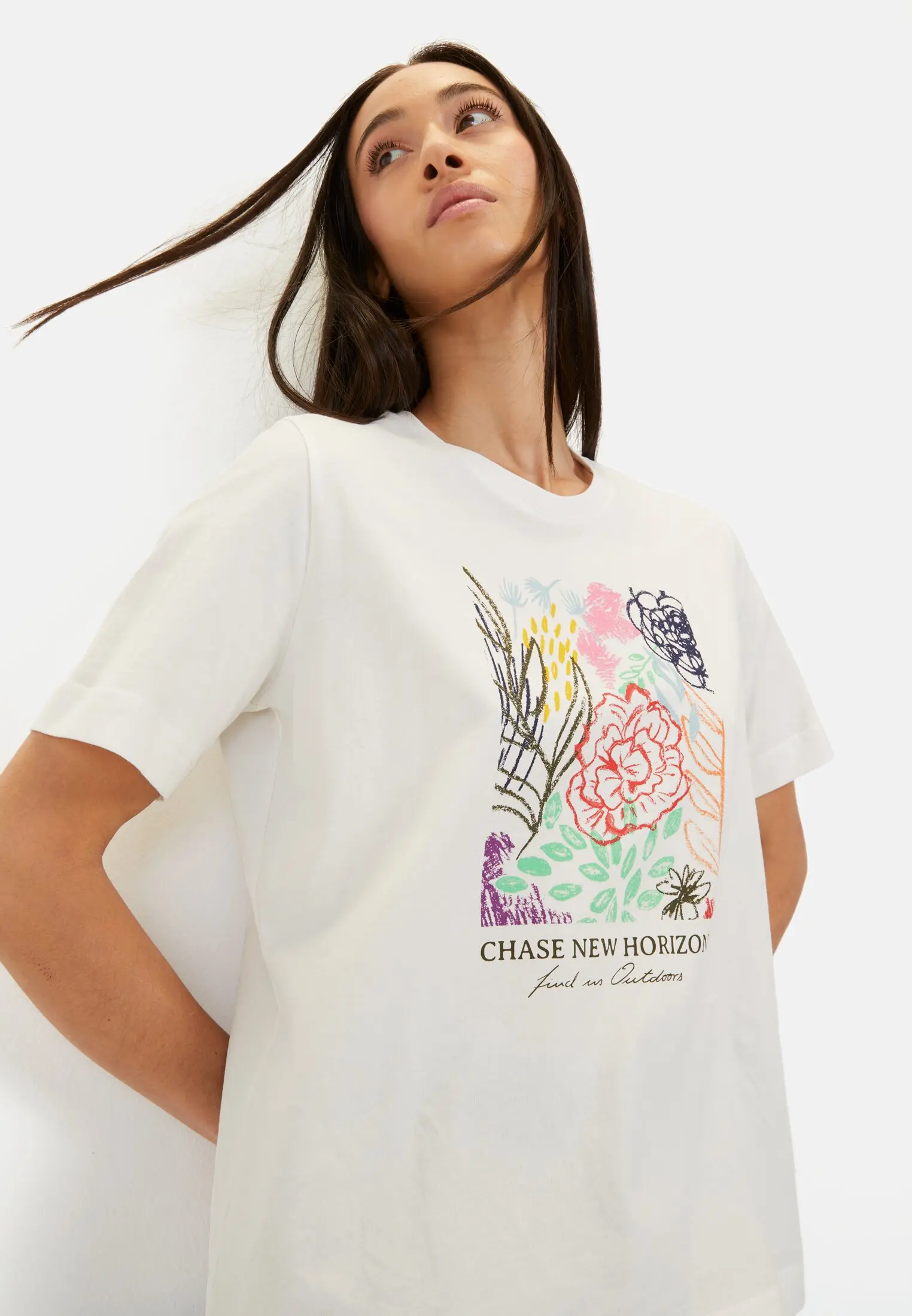 Women T-shirt with print White-Pink worn detail close