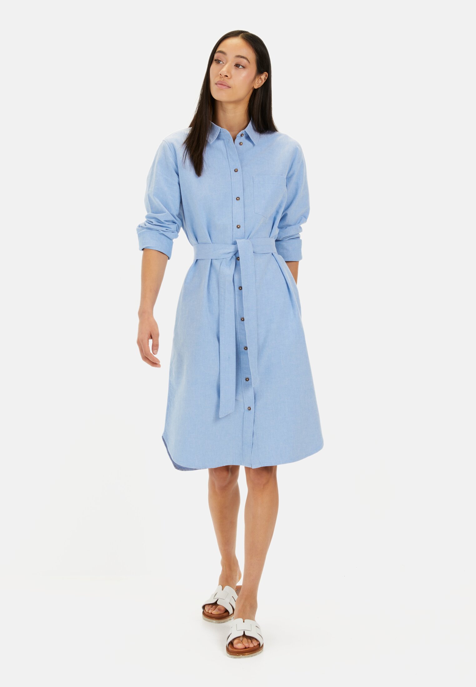 Women Shirt dress with fabric belt Oxford worn front