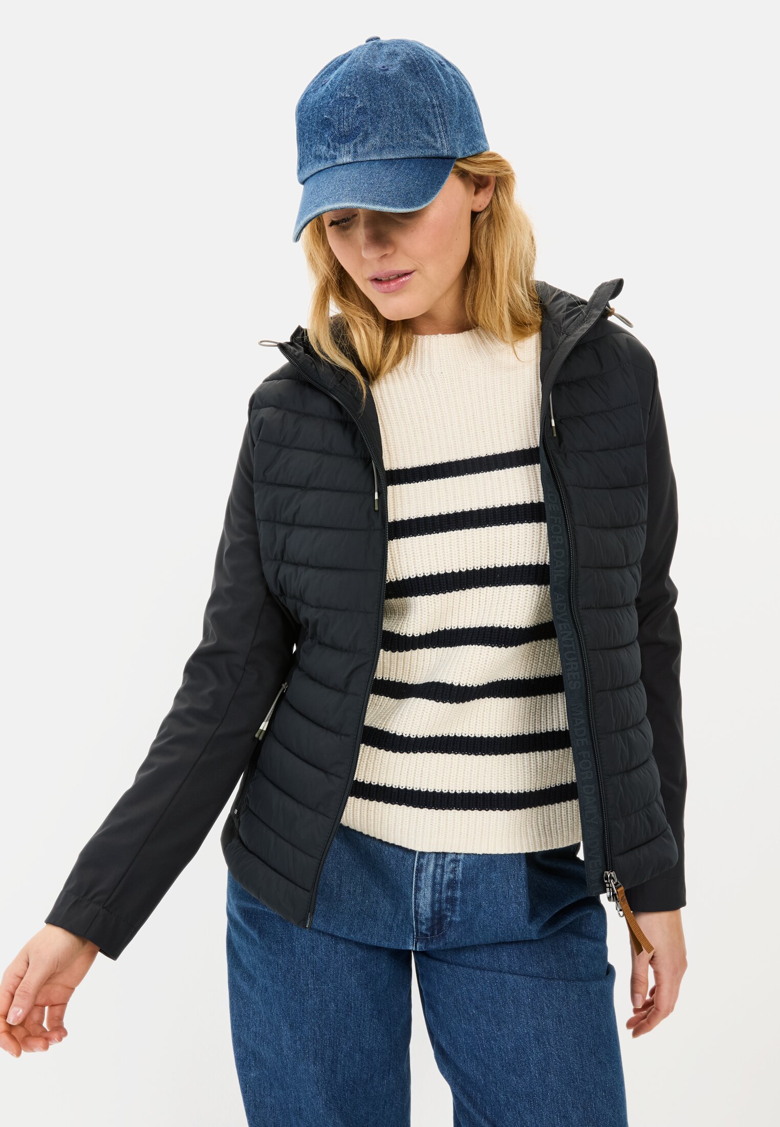 Women Quilted jacket made from recycled polyester Navy worn front